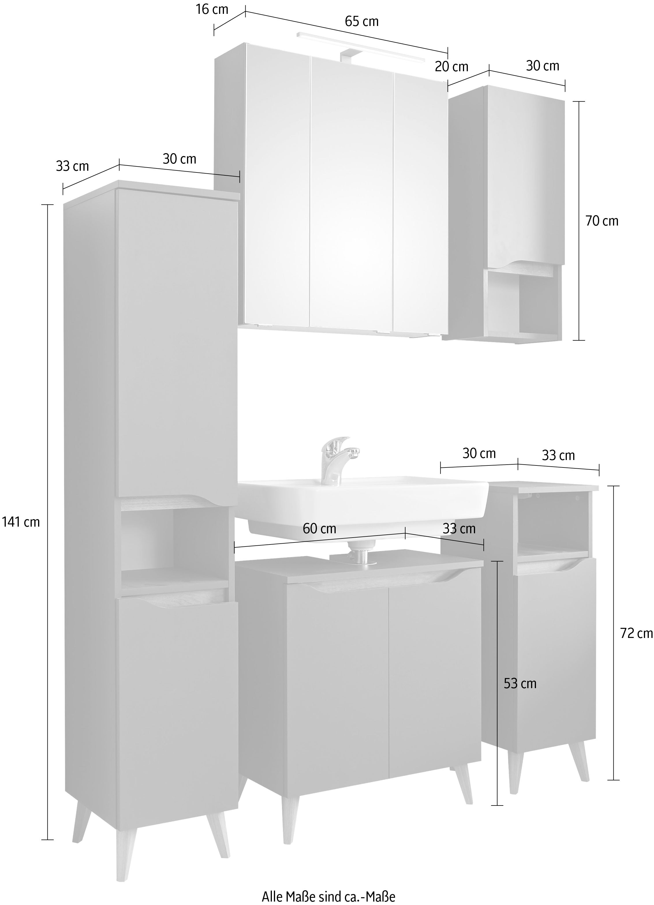 Saphir Badmöbel-Set »Quickset 5-teilig Waschbeckenunterschrank und LED-Spiegelschrank«, (5 St.), Midischrank, Unterschrank, Hängeschrank, inkl. Türdämpfer, 9 Türen