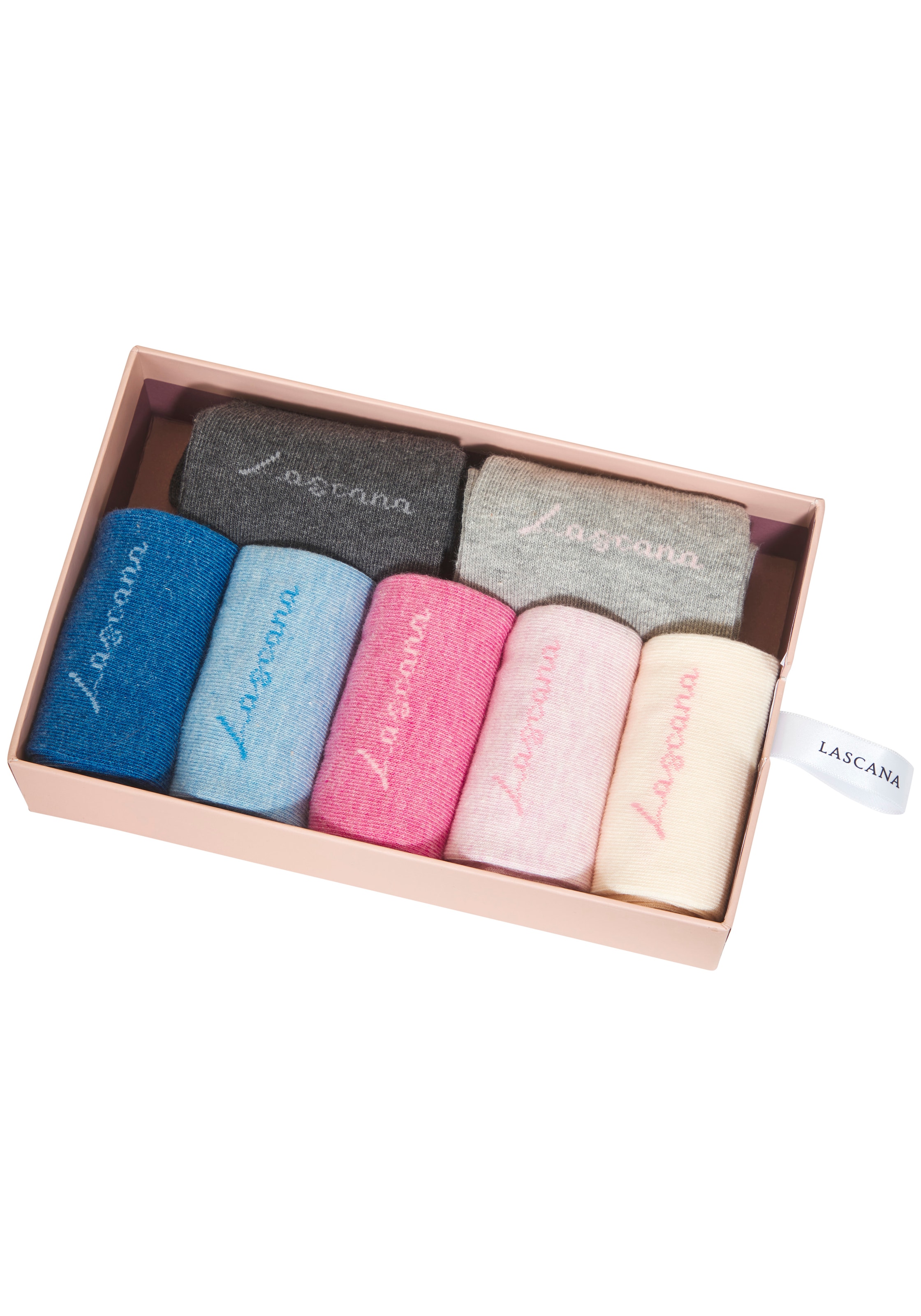 LASCANA Basicsocken »für Damen mit eingestricktem Markenlogo« Box, 7 Stk. tlg. in ansprechender Geschenkbox