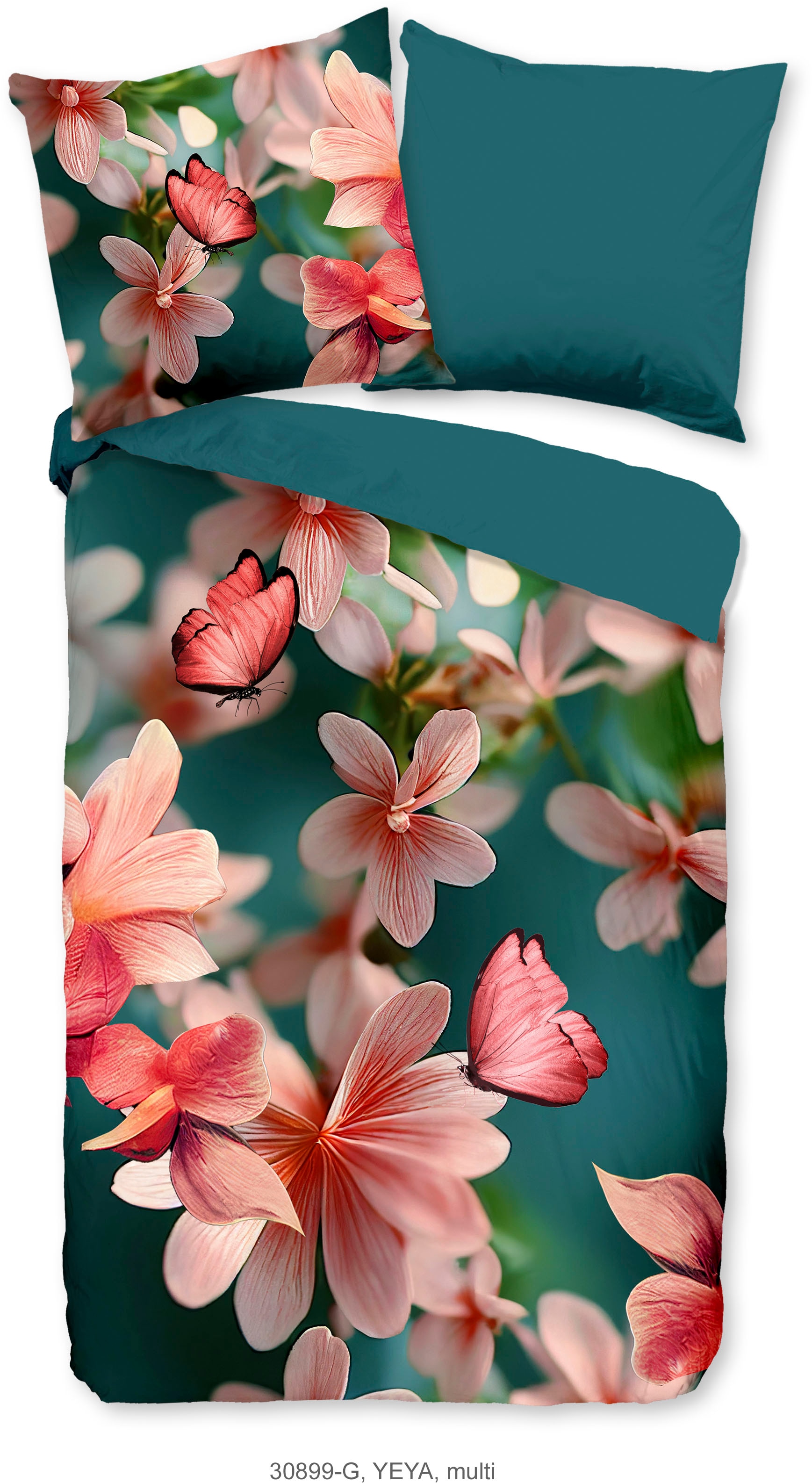 PURE luxury collection Wendebettwäsche »Yeya«, Mikrofaser, 135x200, Pflegeleicht Reißverschluss, Wende, Blumen Petrol