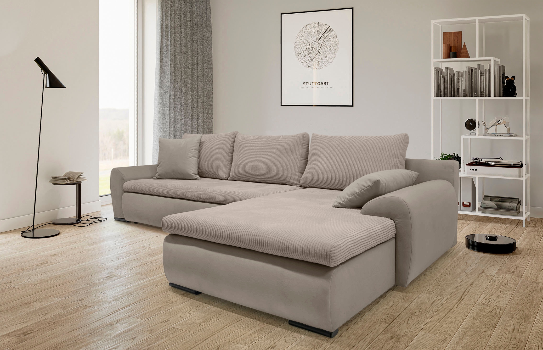 Home affaire Ecksofa »Win L-Form«, optional mit Schlaffunktion und Bettkasten, taupe, Cord