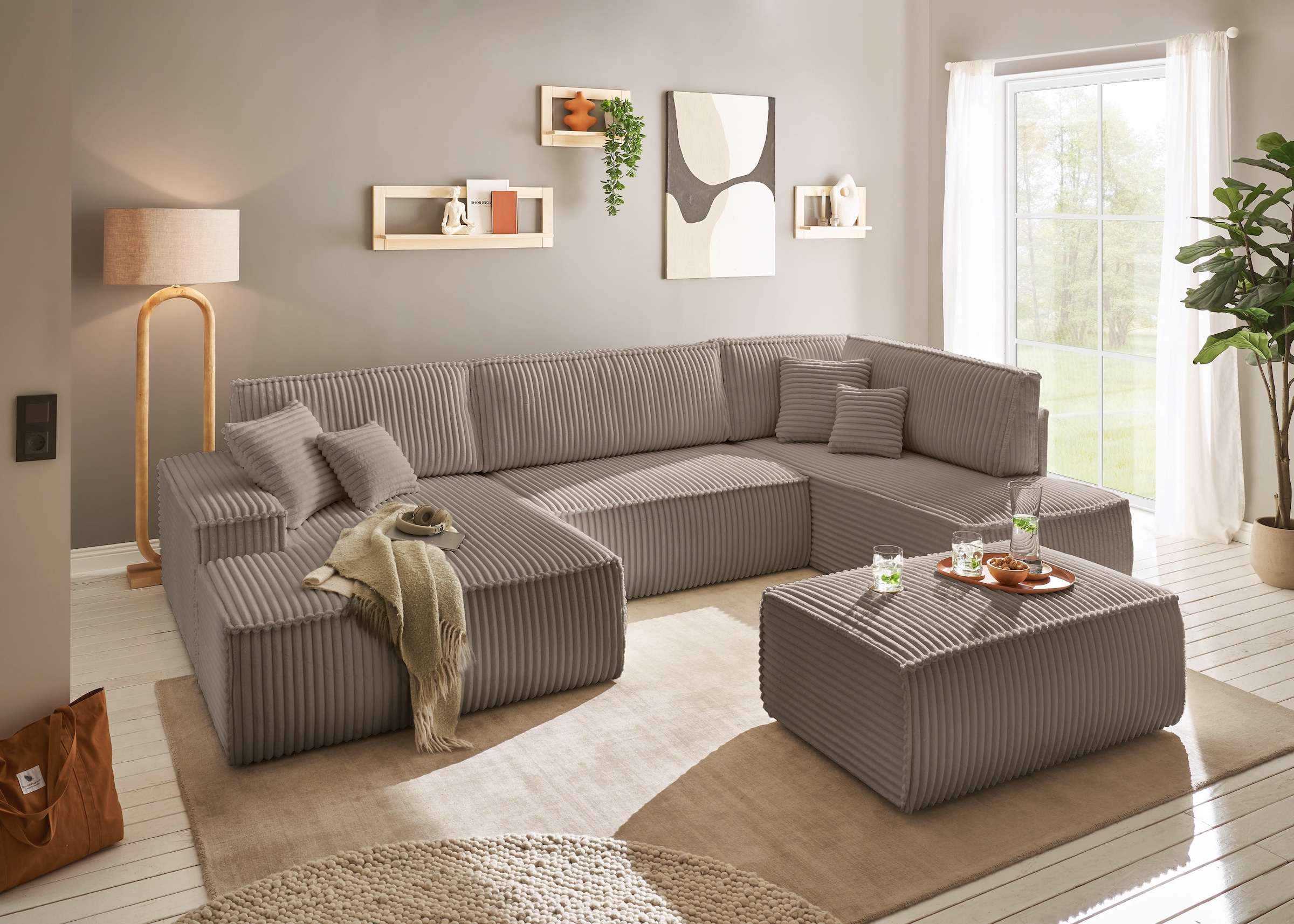andas Wohnlandschaft »FINNLEY U-Form XXL 329 cm, Schlafsofa, Schlaffunktion m. Bettkasten«, (194/139 cm), Bouclé, Struktur und Cord