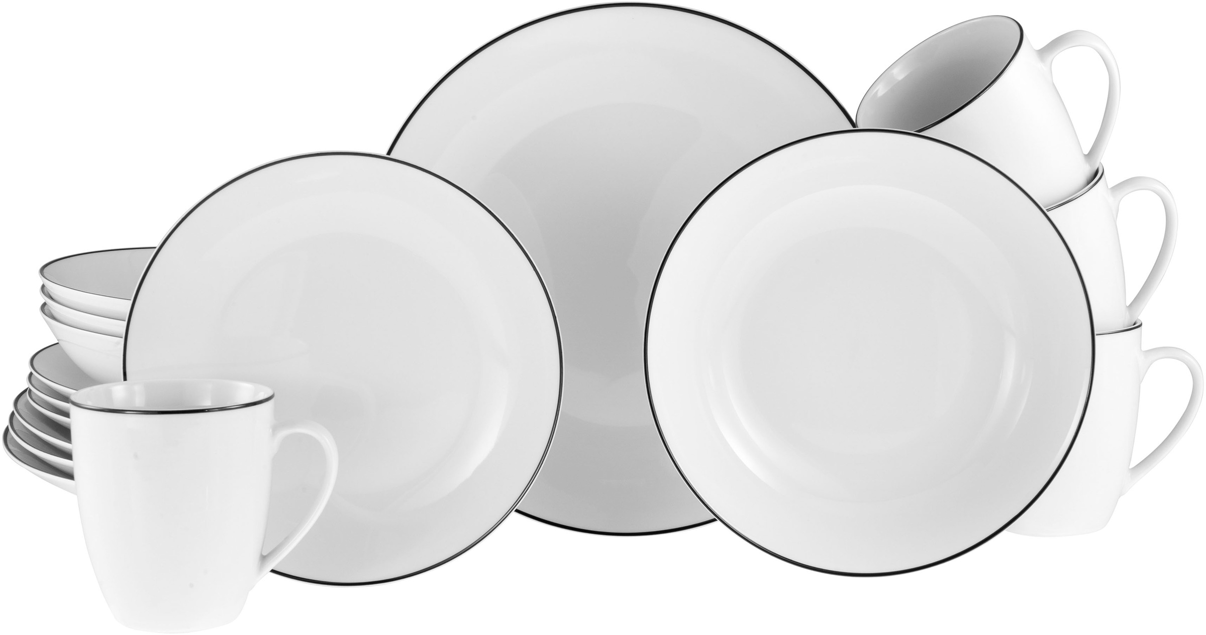 Leonique Kombiservice »Madeline«, (Set, 16 tlg., je 4 Speise-, Dessert-, Suppenteller, Kaffeebecher), Geschirr, trendige Coupeform, handgemalte, schwarzes Liniendekor