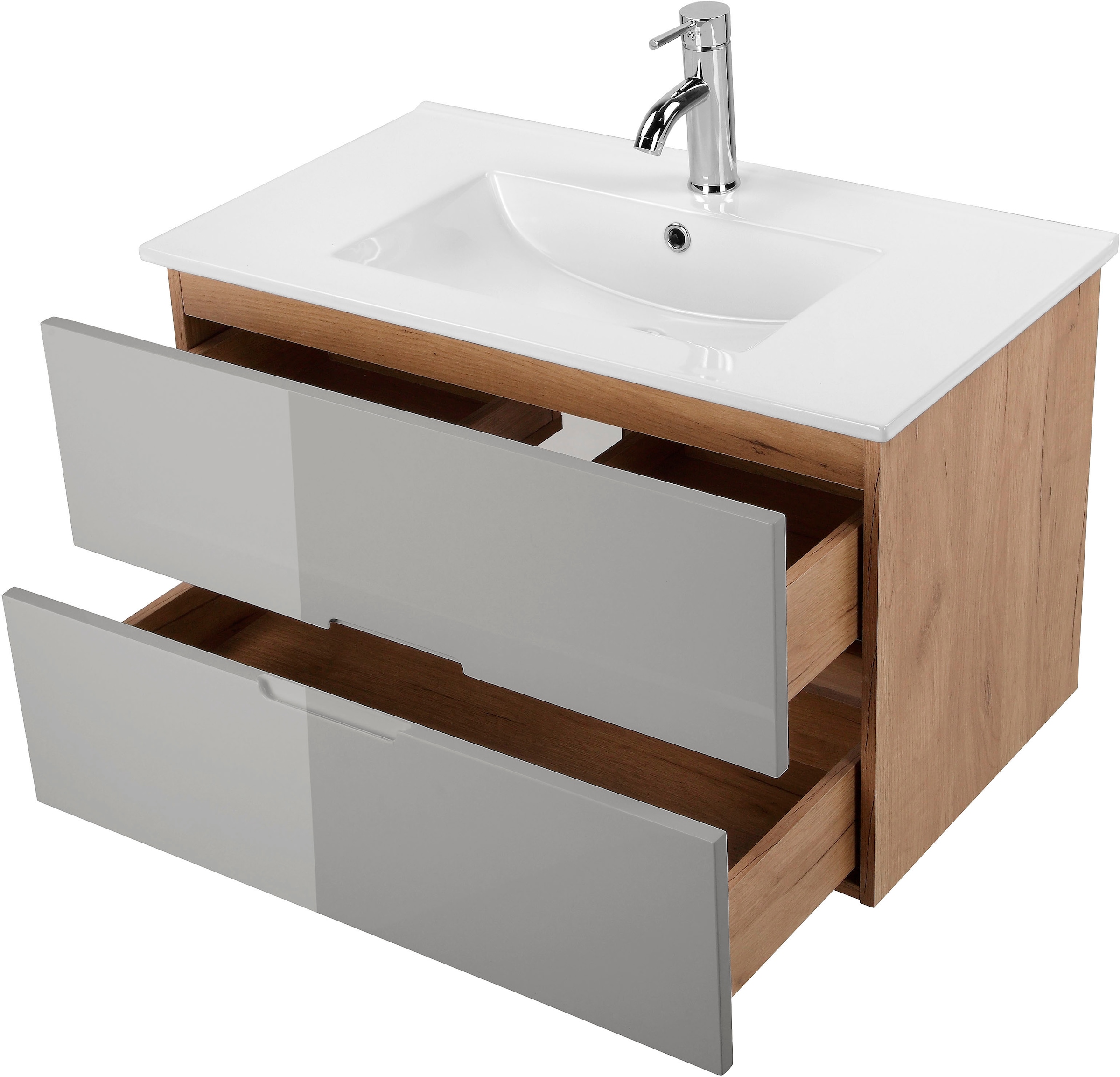 welltime Badmöbel-Set »Lund Badmöbel Set Badschrank Badezimmerset«, (Komplett-Set, 3 St.), Waschtisch, Spiegelschrank und Becken Breite 80cm