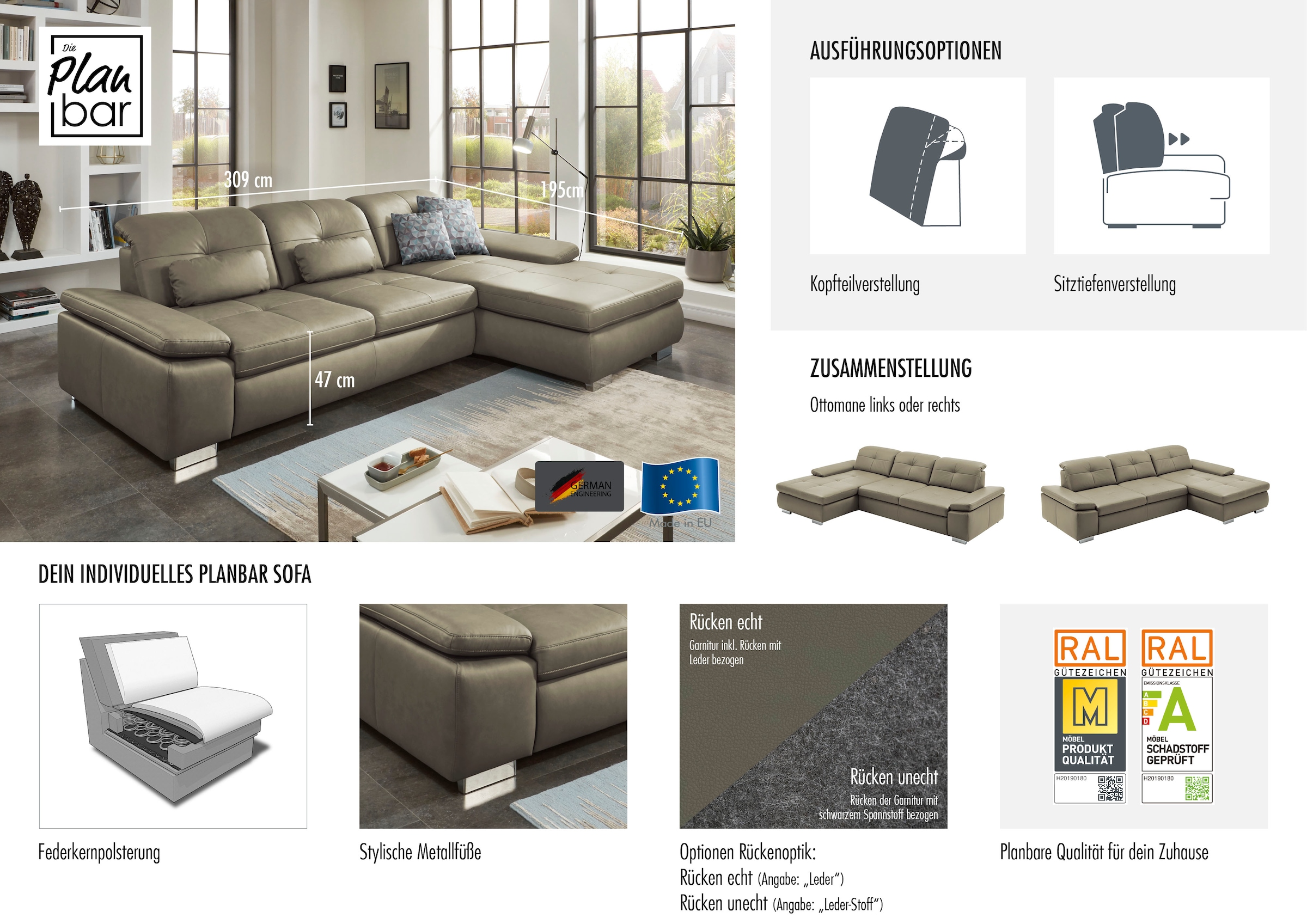Die PlanBar Ecksofa »PN-IN16012 L-Form, Breite 309 cm« inkl. Sitztiefenverstellung, optional mit Kopfteilverstellung