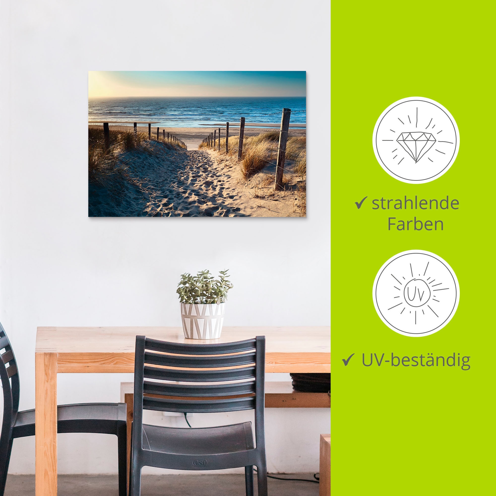 Artland Wandbild »Weg zum Nordseestrand Sonnenuntergang«, Strand, (1 St.), als Alubild, Outdoorbild, Leinwandbild, Poster, Wandaufkleber