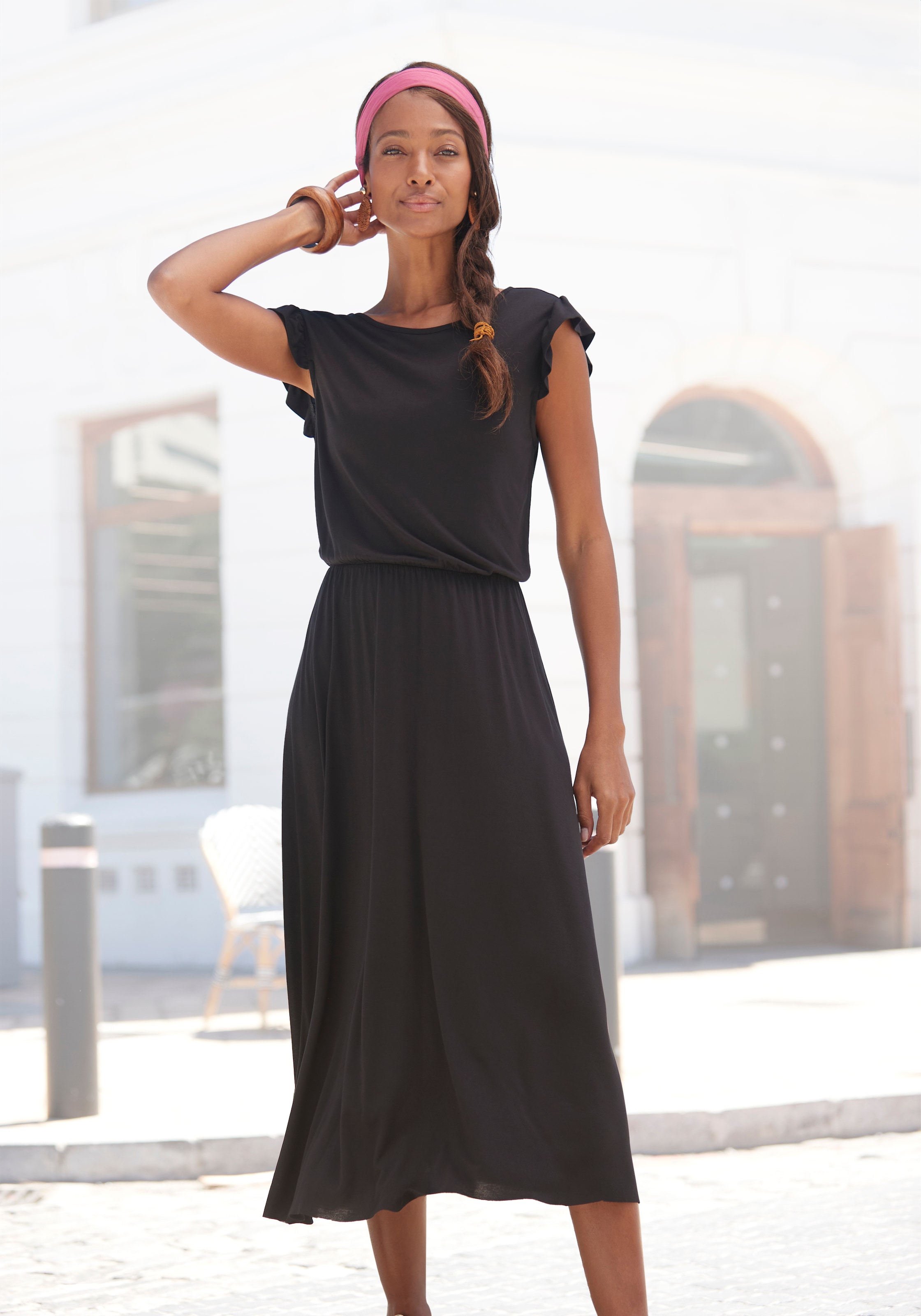 Beachtime by Lascana Jerseykleid »aus Viskosejersey mit Gummizug in der Taille, elegantes Midikleid« Ohne Taschen Kurzärmliges Sommerkleid, Strandkleid, Viskosekleid, Basic
