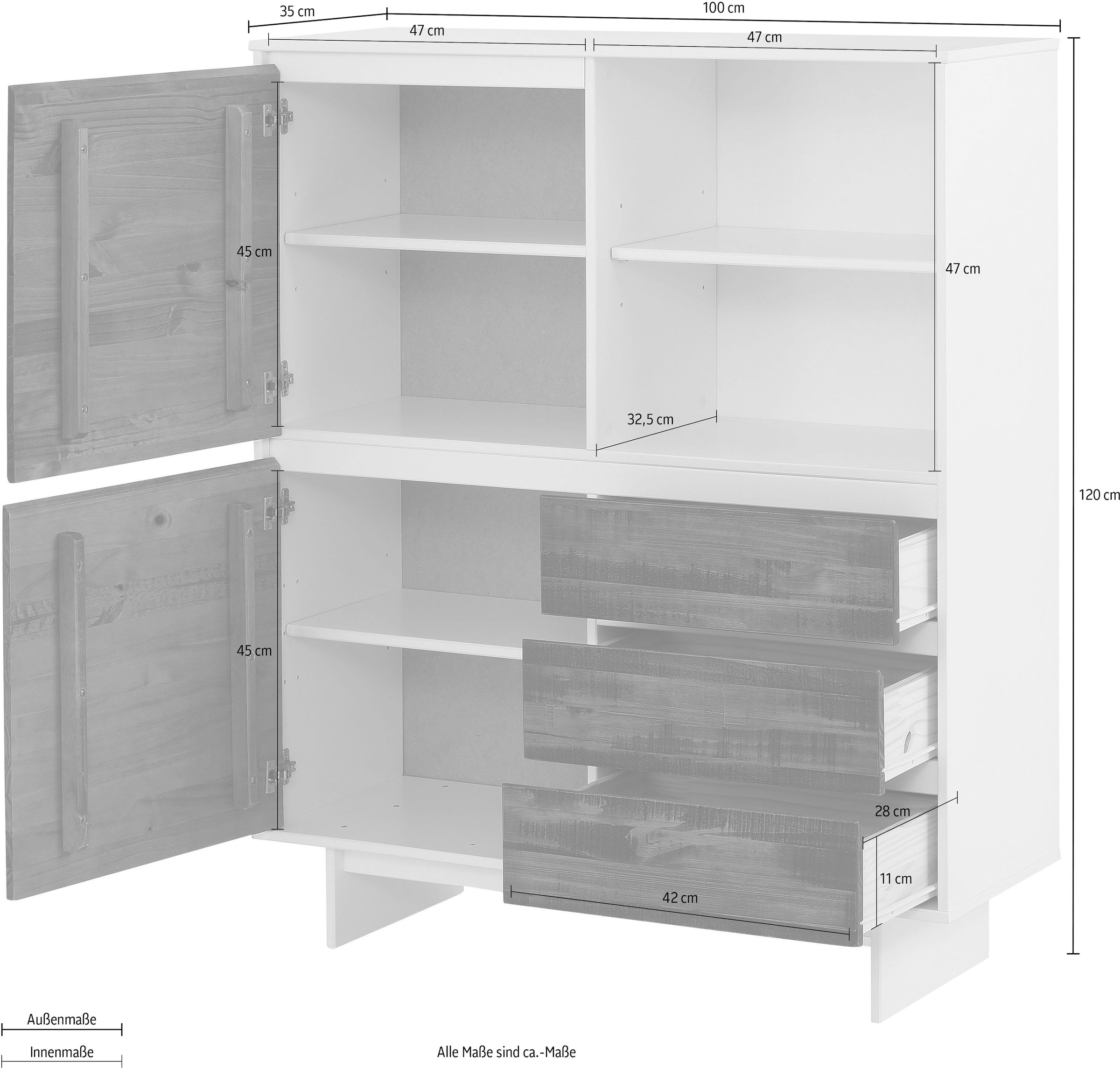 Home affaire Highboard »Morgan Midischrank«, Kommode aus massivem Kiefernholz, eingefräste Griffmulden, Höhe 120 cm