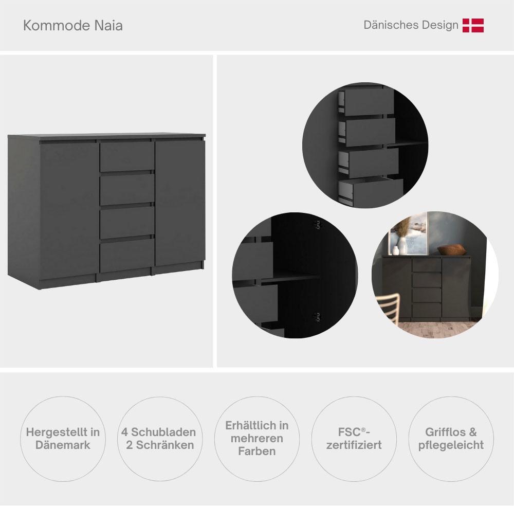 INOSIGN Kommode »Naia, Sideboard, 4 Schubladen, 2 Türen, Aufbewahrung, grifflose Front«, Mit Einlegeböden, modern, skandinavisches Design, in mehrere Farben