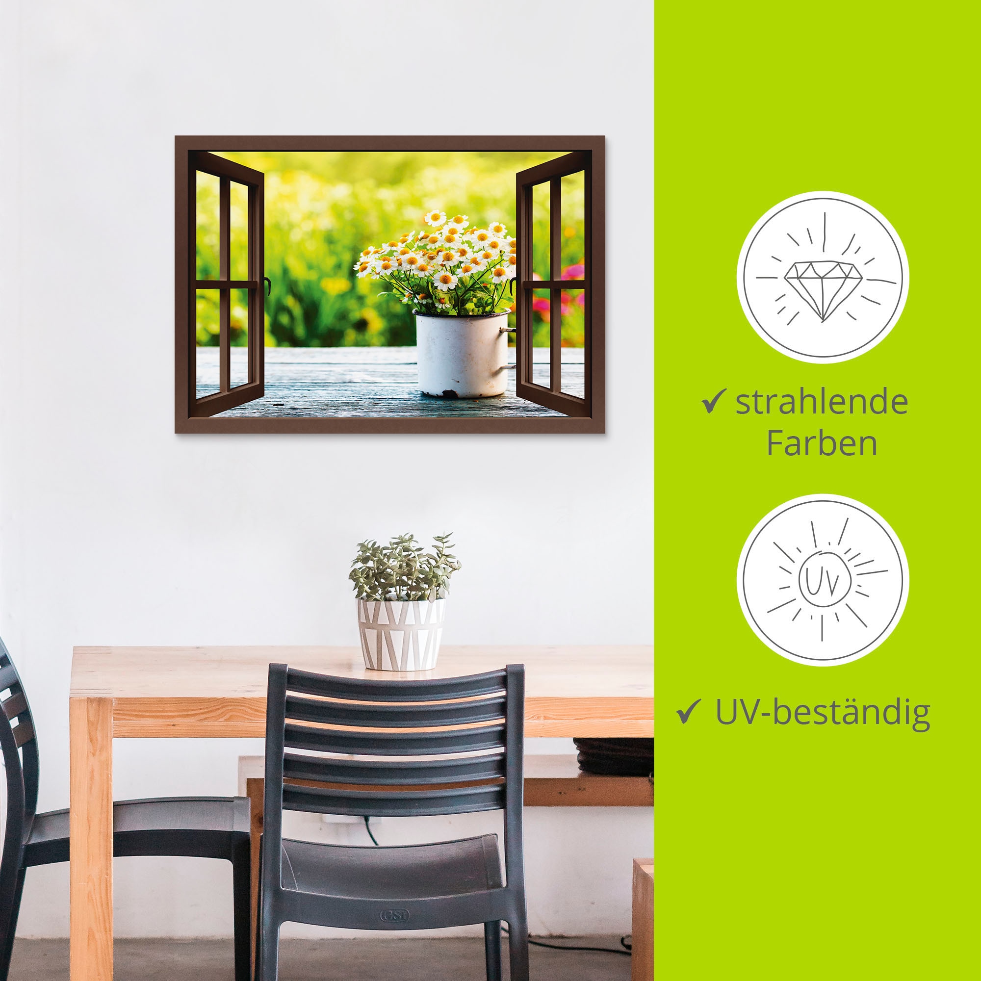 Artland Alu-Dibond-Druck »Fensterblick Garten mit Gänseblümchen« Blumen 1 Stk. tlg. für Innen- und Außenbereich geeignet, Outdoorbild