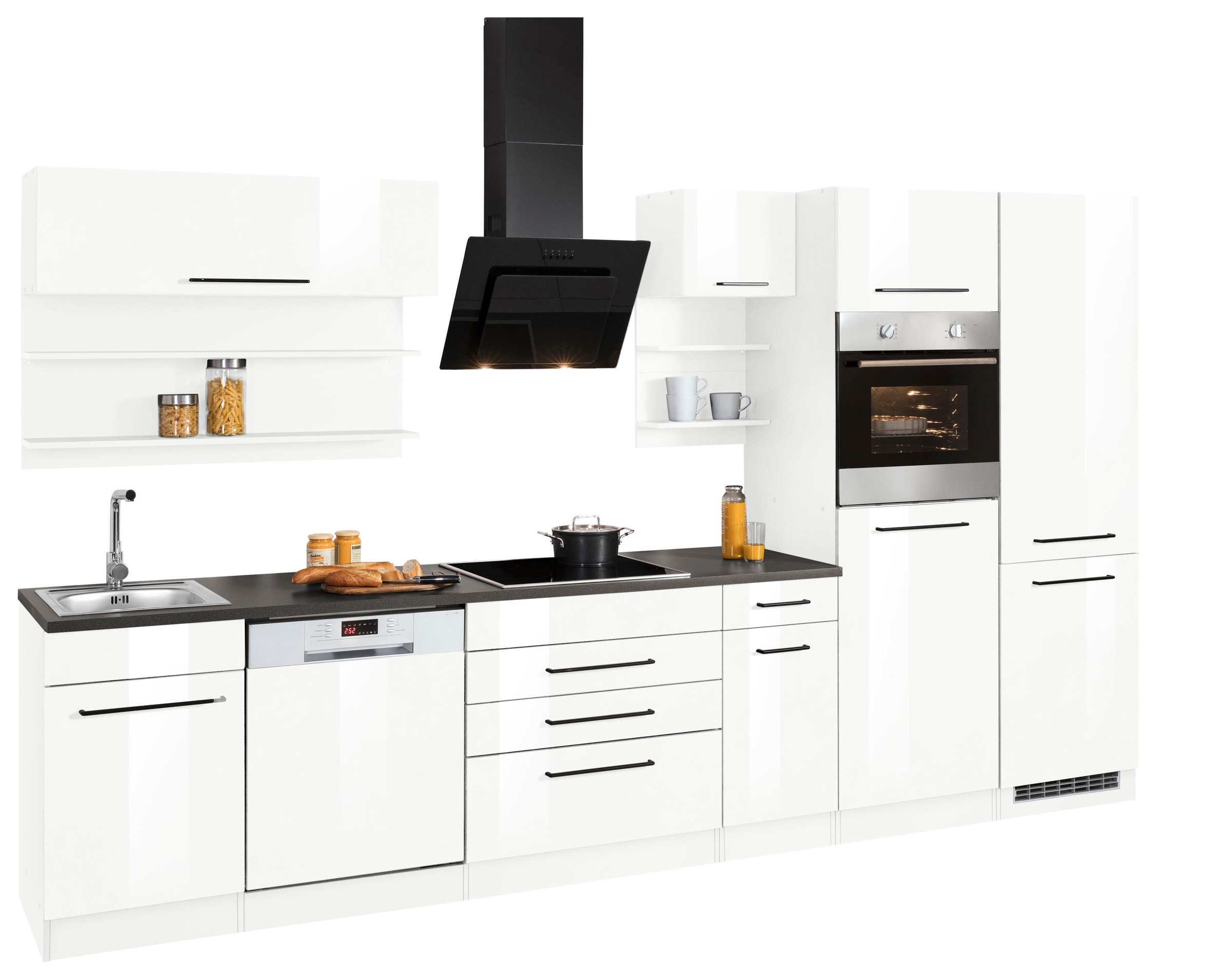 KOCHSTATION Küchenzeile »KS-Tulsa« ohne E-Geräte, Breite 350 cm, schwarze Metallgriffe, MDF Fronten