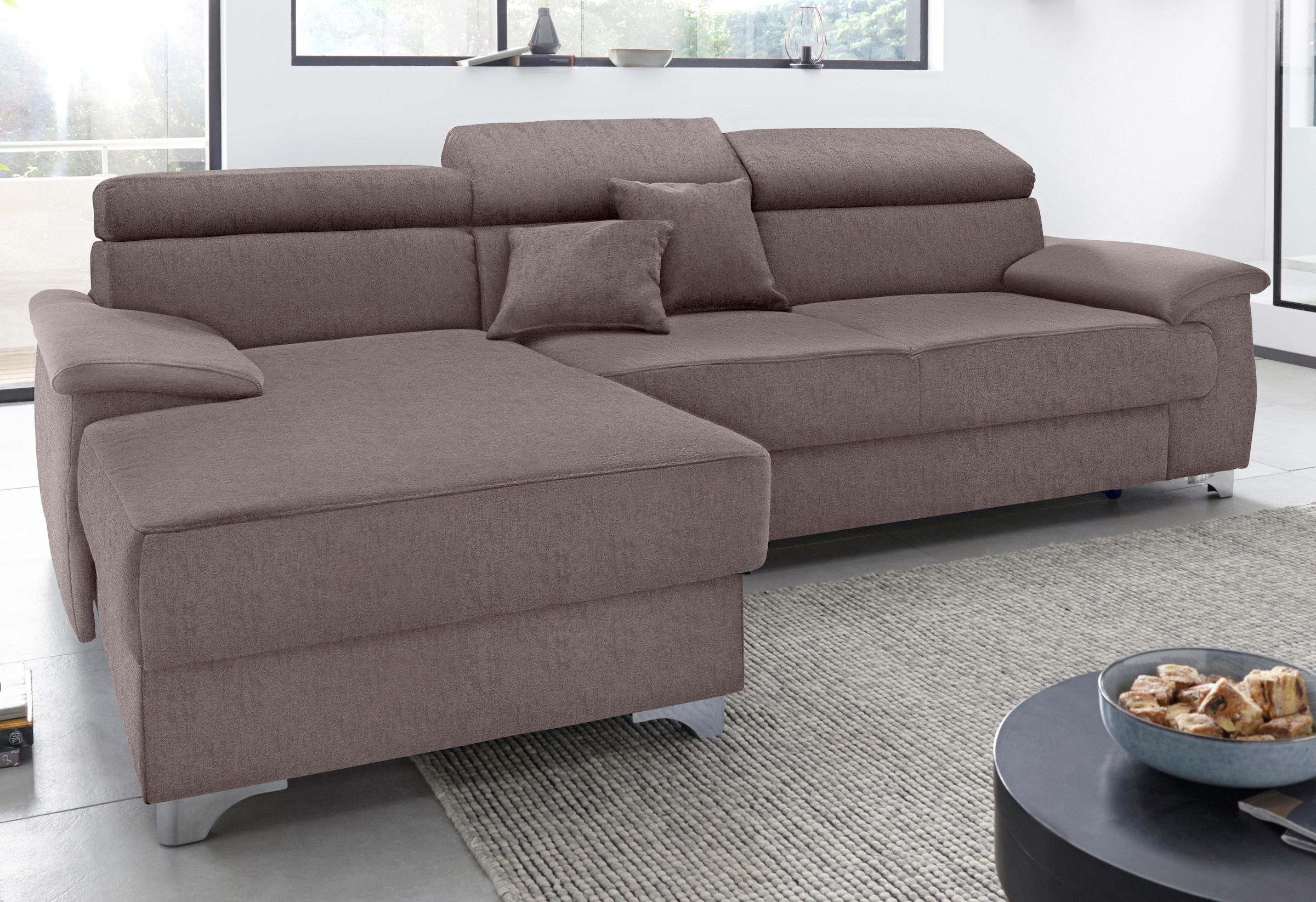DOMO collection Ecksofa »Mira, inklusive Kopfteilverstellung für mehr Wohlfühlkomfort, L-Form«, wahlweise mit Bettfunktion und Bettkasten, elegant und modern