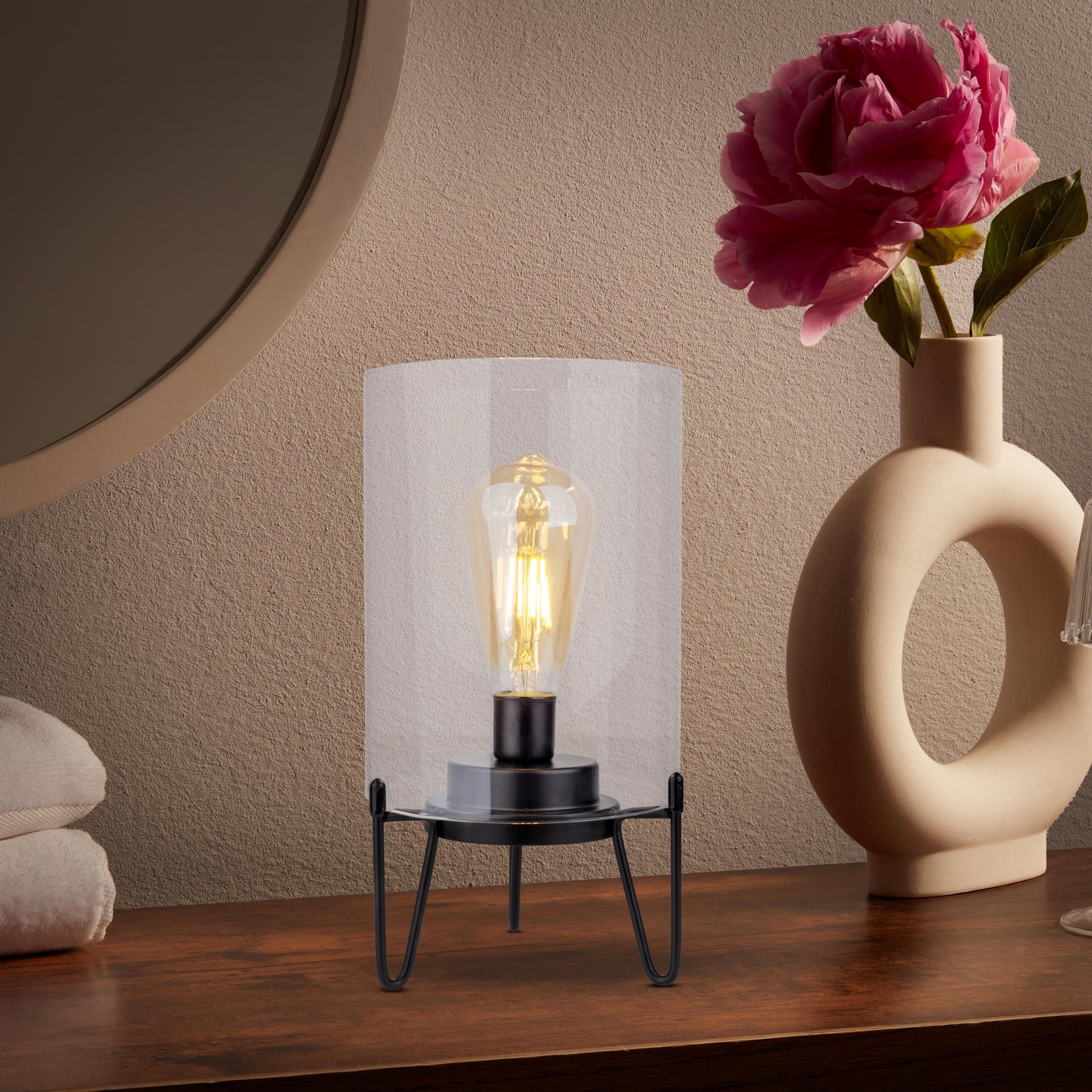 näve LED Außen-Tischleuchte »Lonna«, 1 flammig, Leuchtmittel LED-Modul | LED fest integriert, Glasschirm klar, batteriebetrieben, Timer, Gestell schwarz, H: 28,5cm