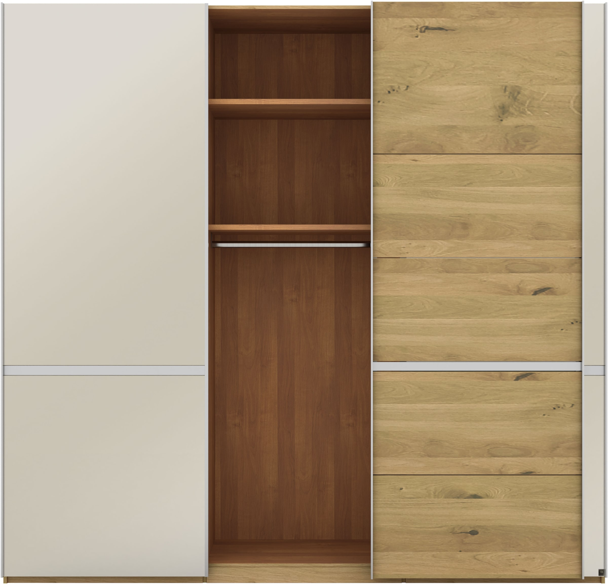 Musterring Schwebetürenschrank »Savona, Kleiderschrank, Schrank, Garderobe, mit Schiebetüren«, (Teilmassiv Bianco-Eiche, mit Spiegel oder Glas, MADE IN GERMANY), Türen Bianco-Eiche massiv, Spiegel-/Glastüren, eingelegte Chromleiste