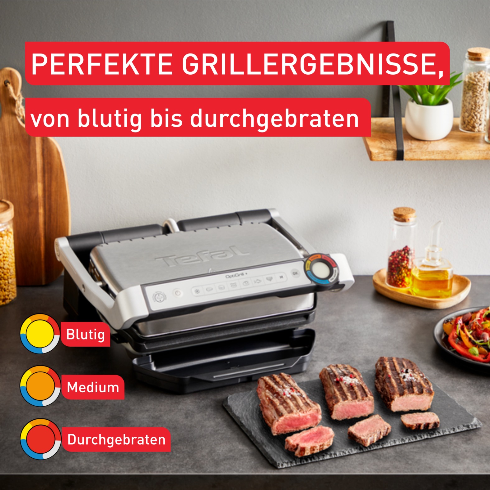 Tefal Kontaktgrill »OptiGrill+, erneuerte Kochstufenanzeige, 6 automatische Programme«, 2000 W, spülmaschinengeeignete Platten, mit Abschaltautomatik, GC717D