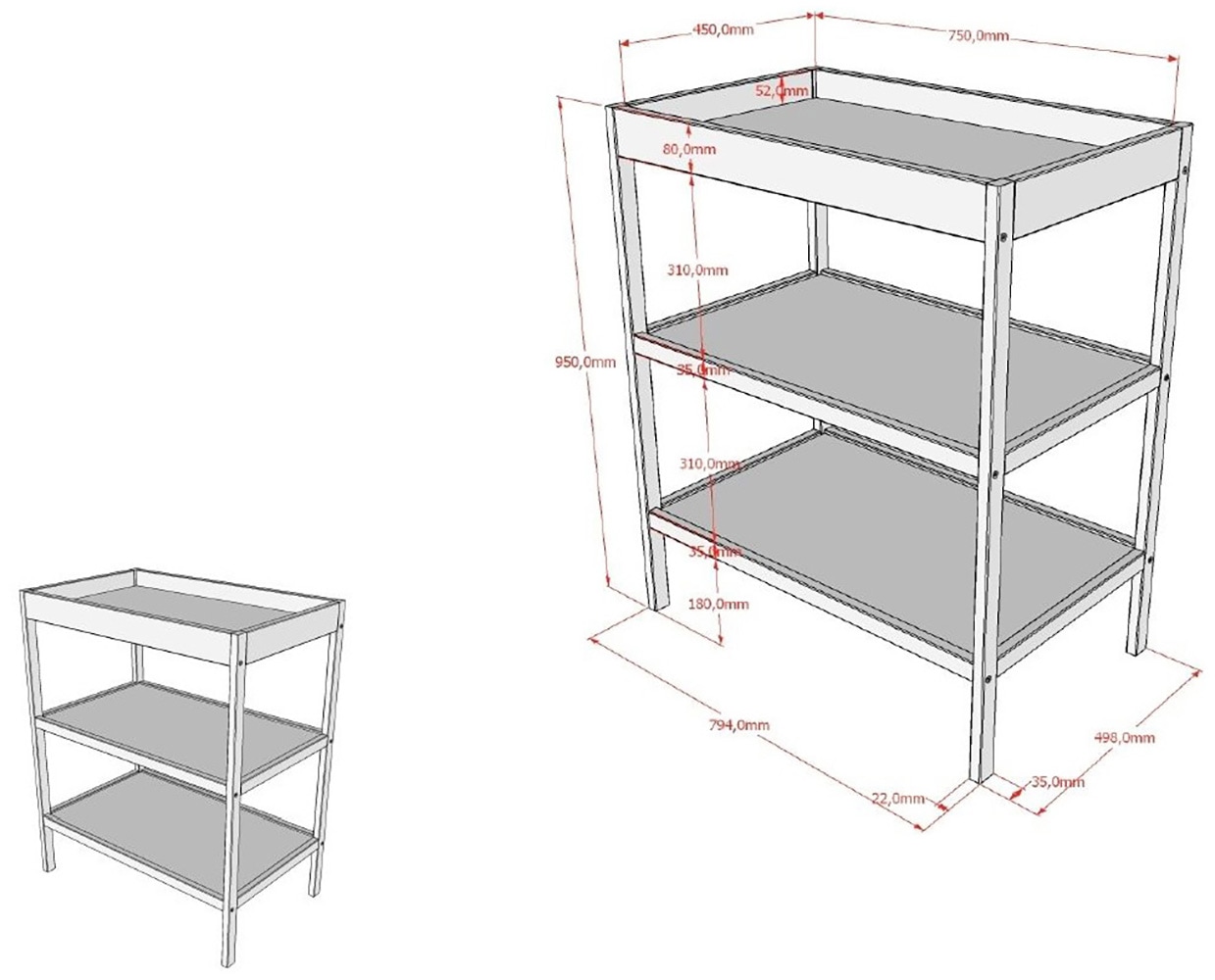 Vipack Babymöbel-Set »DINO, ideal für Ihr Kinderzimmer, Made in Europe, Buche massiv« best. aus Babybett 70/140 umbaubar zum Juniorbett u. Wickelregal, 2 tlg. Liegefläche 3-fach höhenverstellbar, Ausf. Buche Nussbaumfarbig
