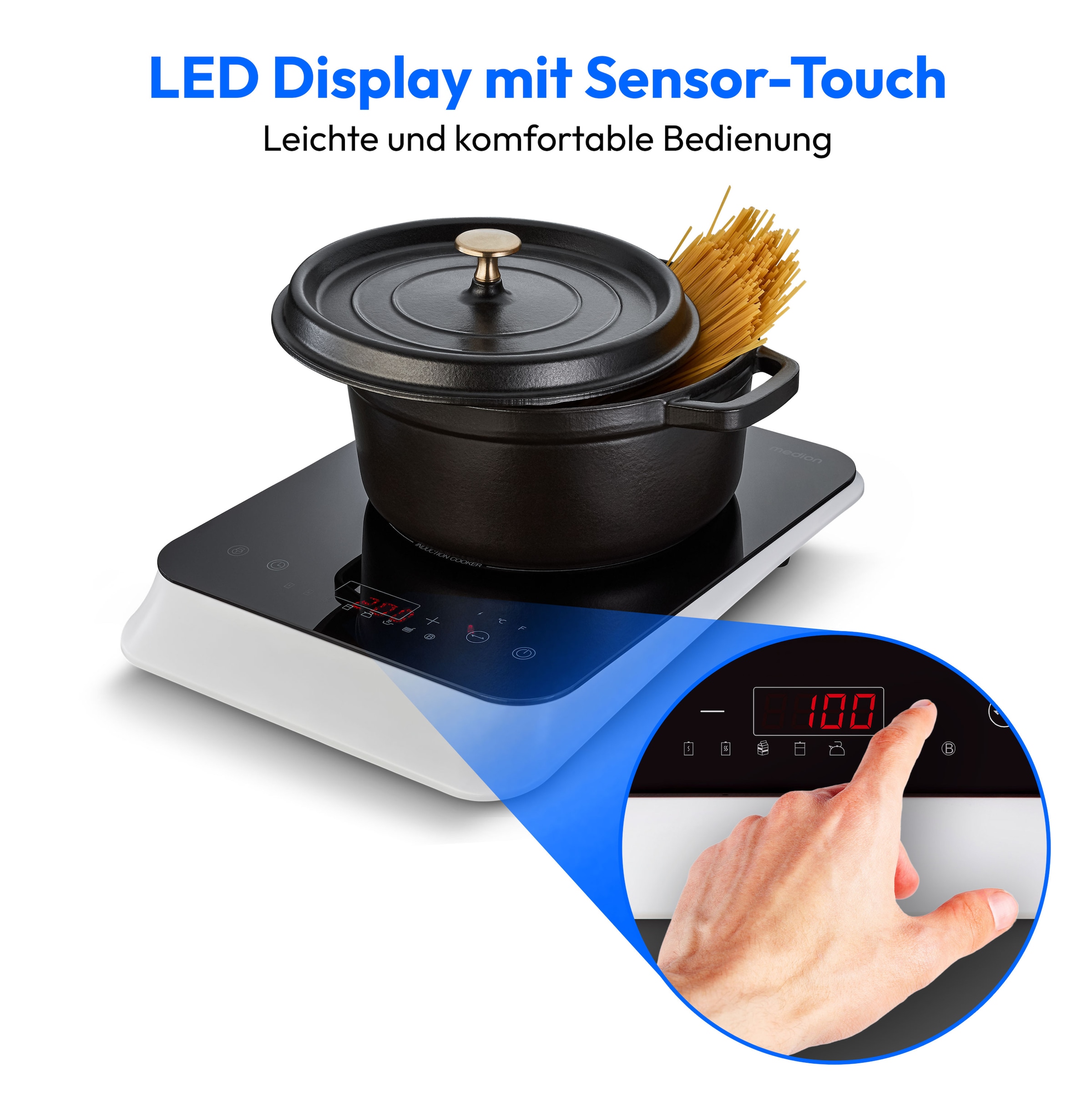 Medion® Einzel-Induktionskochplatte »MD 18490, 2000 W Induktionsleistung, automatische Topferkennung, Timer«, Temperaturbereich 60 - 240°, Sensor-Touch-Display, 8 Automatikprogr.