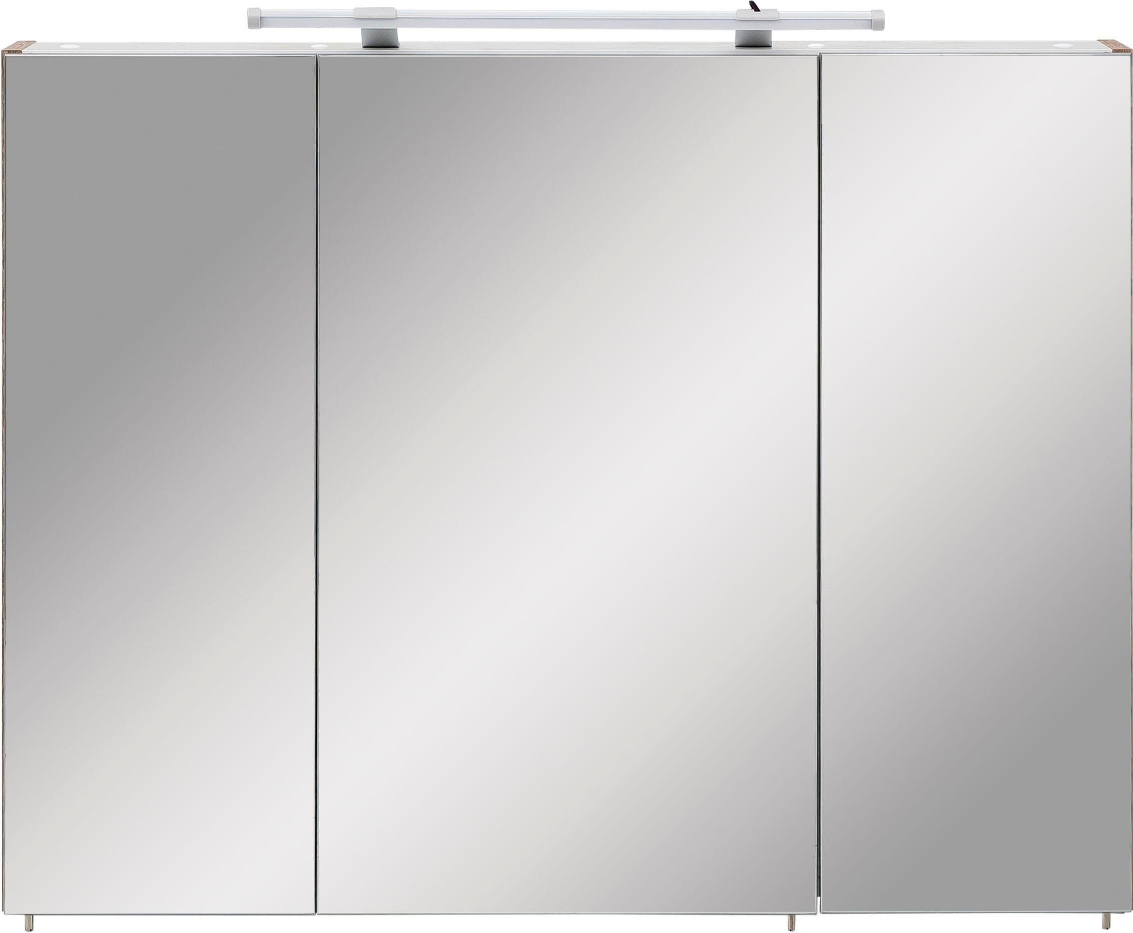 Schildmeyer Spiegelschrank »Dorina, mit höhenverstellbaren Glasböden«, Breite 90 cm, 3-türig, LED-Beleuchtung, Schalter-/Steckdosenbox