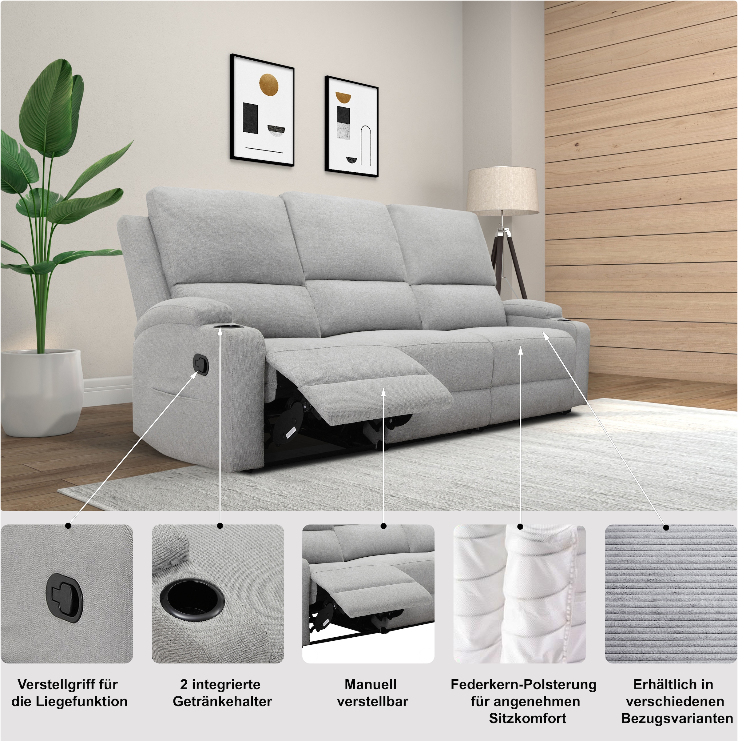 OTTO home 3-Sitzer »Napori« Kinosofa mit 2 x Relaxfunktion und Getränkehalter