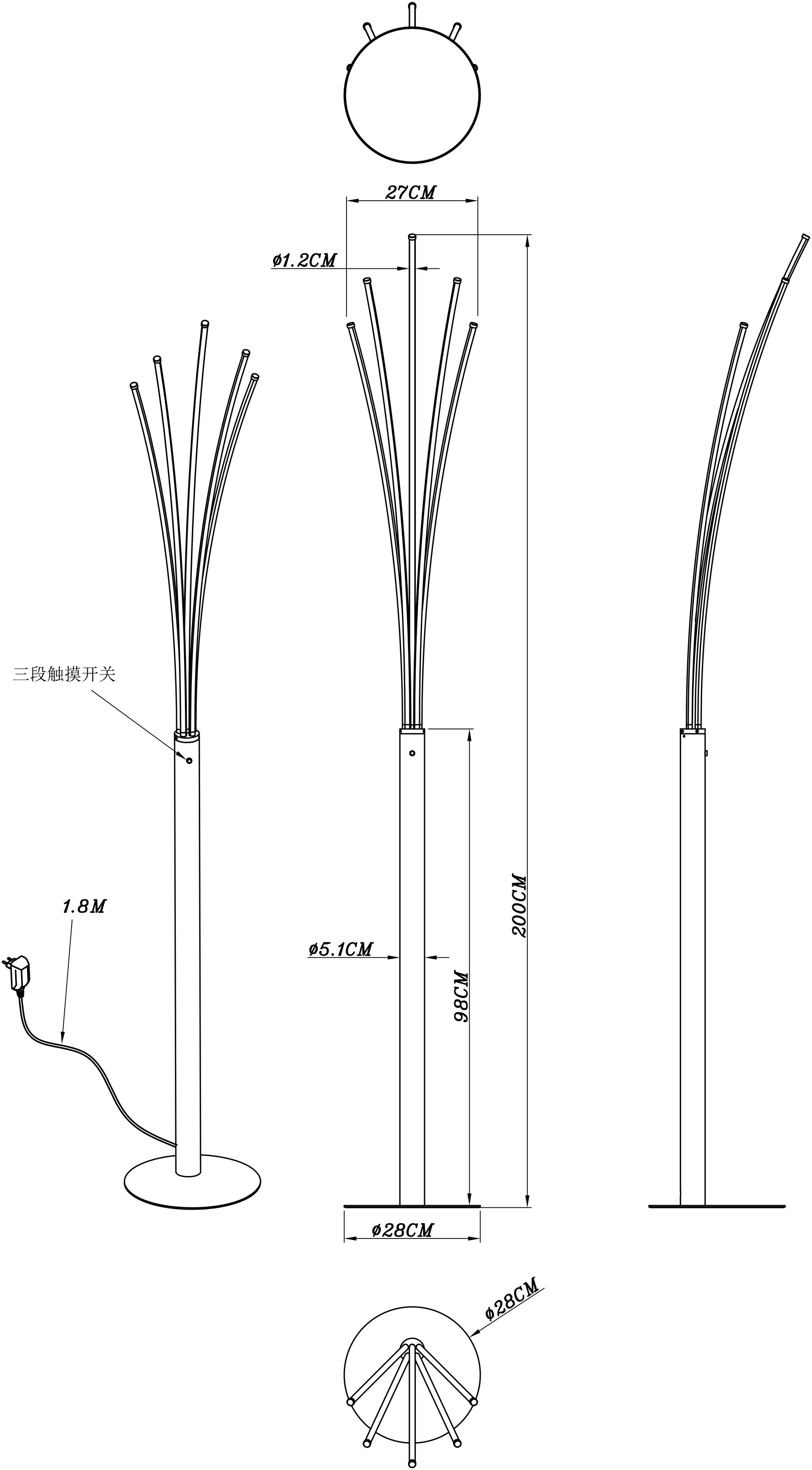 GLOBO LIGHTING Stehlampe »BIZZY« LED-Modul 1 Stk. Warmweiß Stehleuchte Schwarz/Opal, Touch dimmbar, LED 36W