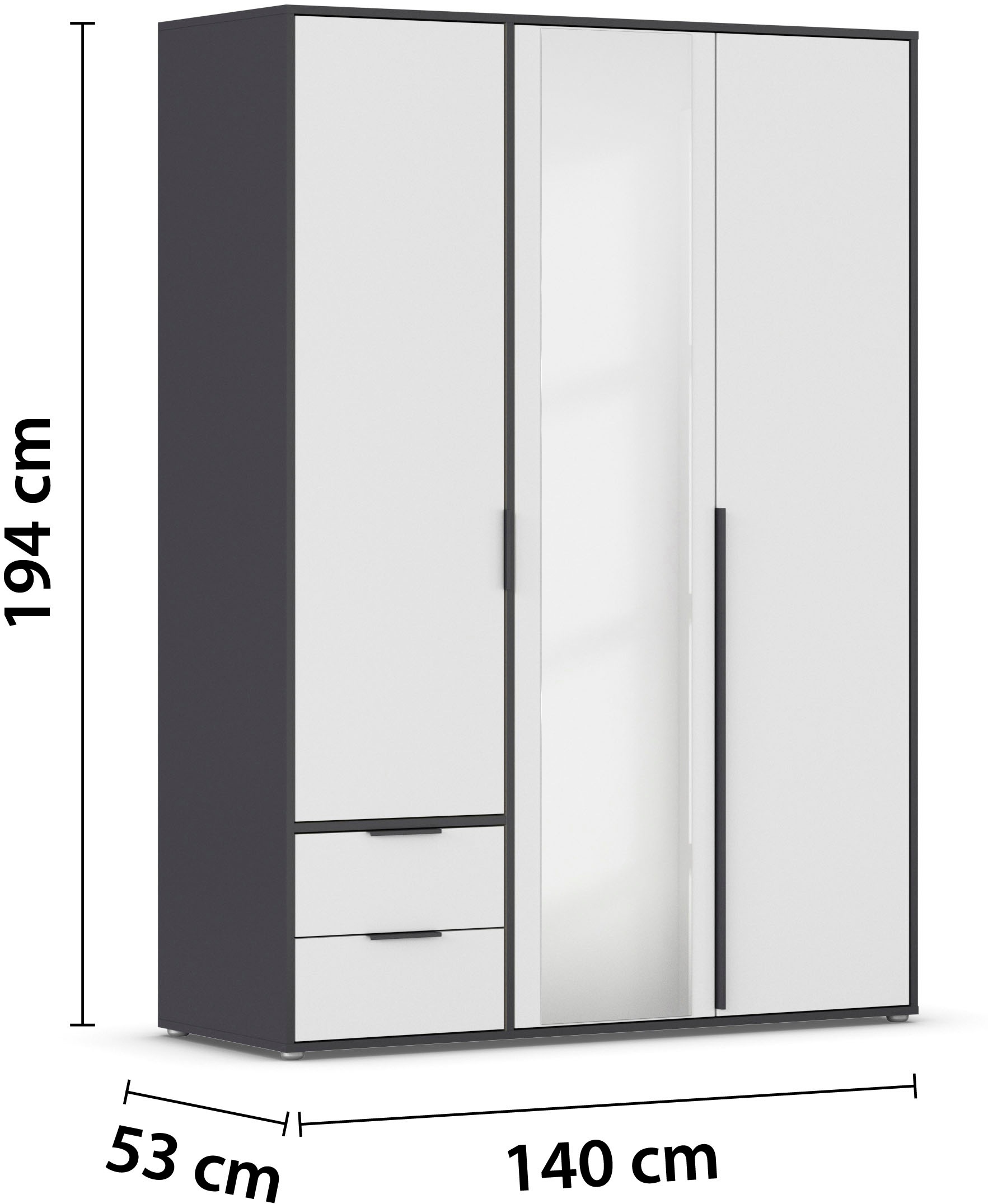 rauch Drehtürenschrank »Kleiderschrank Schrank Garderobe Wäscheschrank NAGATA mit Spiegel«, (in 3 verschiedenen Ausstattungen BASIC/CLASSIC/PREMIUM), und Schubladen sowie Stangengriffen TOPSELLER MADE IN GERMANY