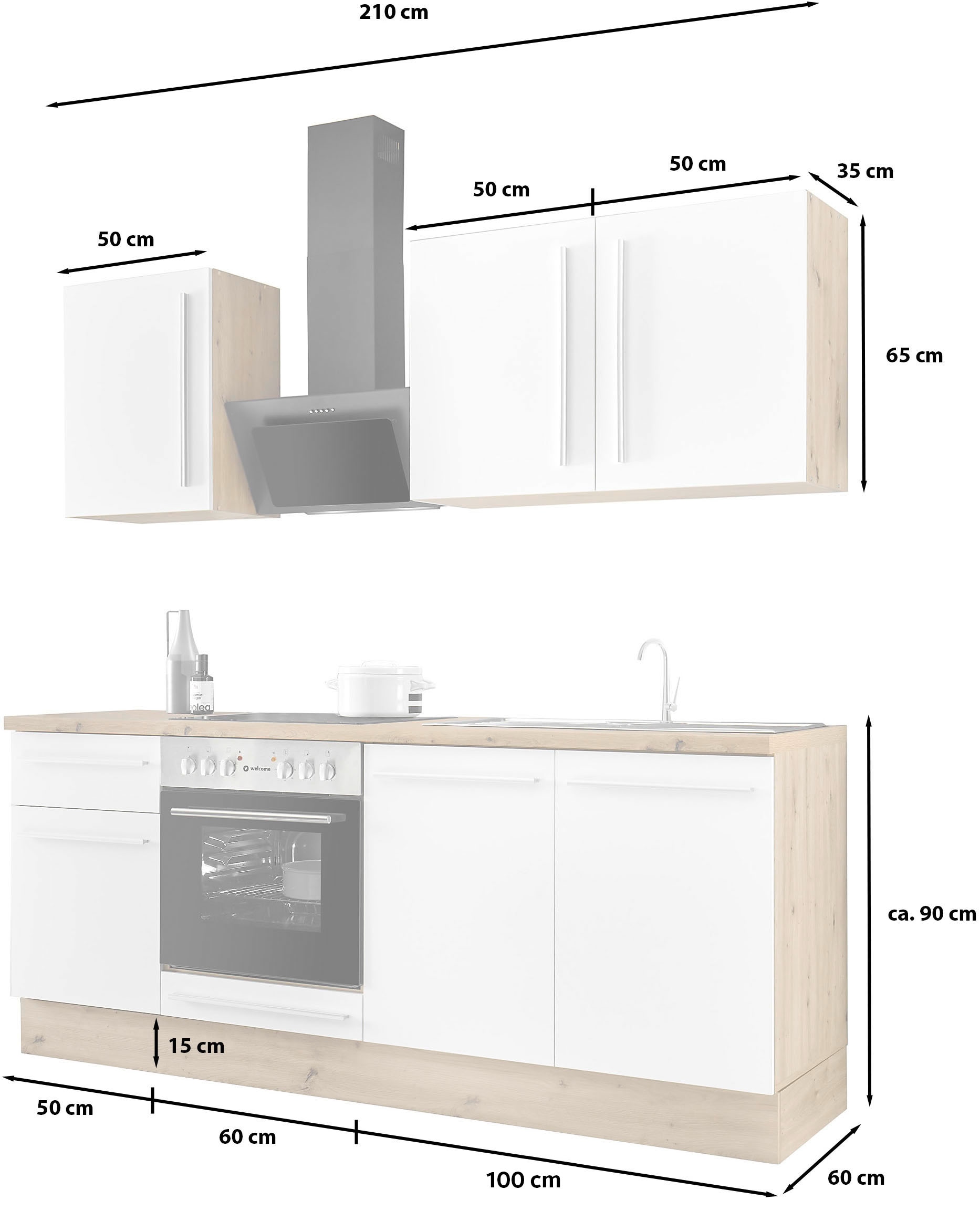 KOCHSTATION Küchenzeile »KS-Florida mit 38mm starker Arbeitsplatte« Breite 210 cm, wahlweise mit E-Geräten, mit Soft-Close-Funktion