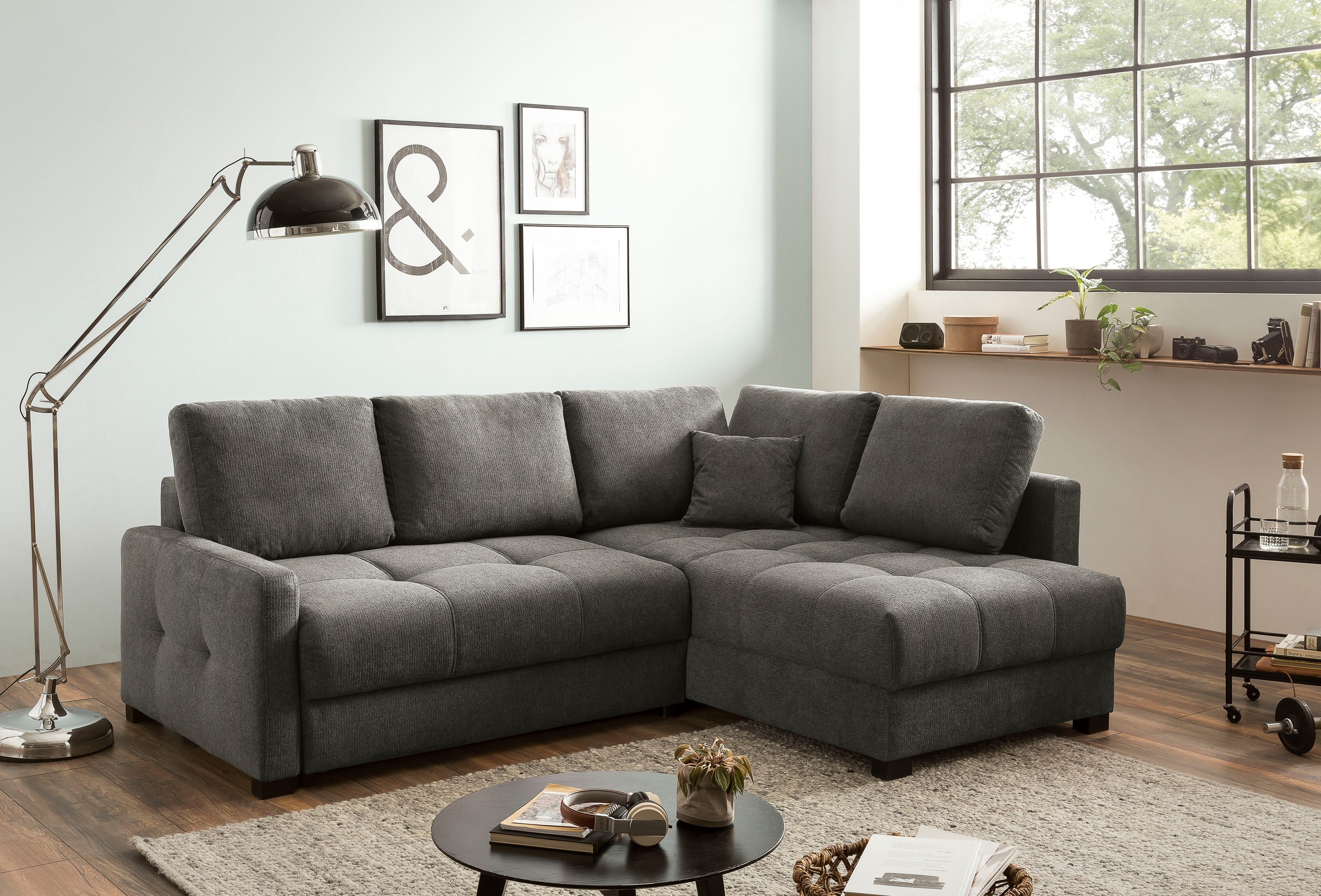 exxpo - sofa fashion Ecksofa »Chester, Boxspring Federkern-Polsterung für bequemeren Sitzkomfort«, L-Form, schmale Armlehnen, Bettfunktion u. Bettkasten