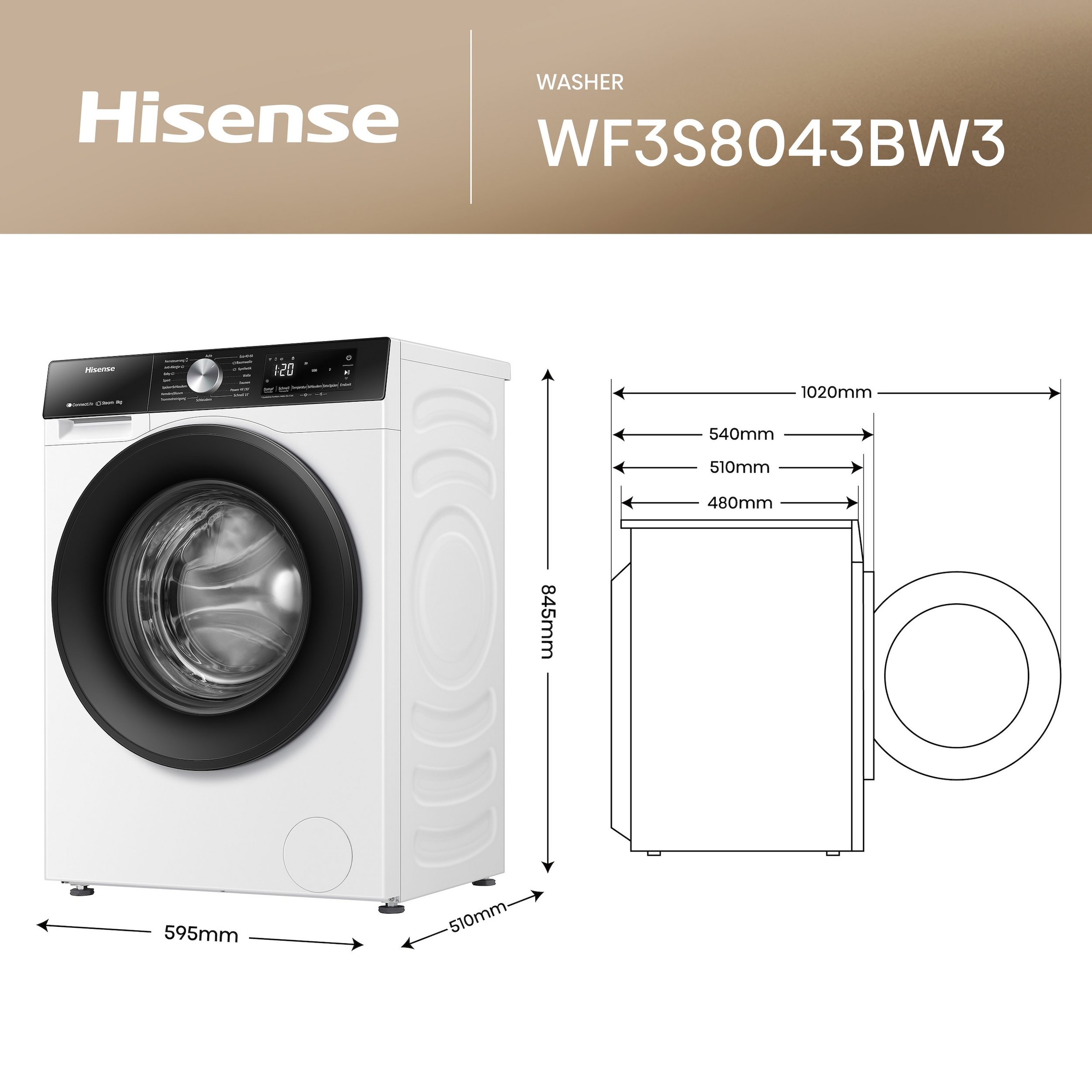 Hisense Waschmaschine »WF3S8043BW3« 8 kg 1400 U/min Wifi-ConnectLife