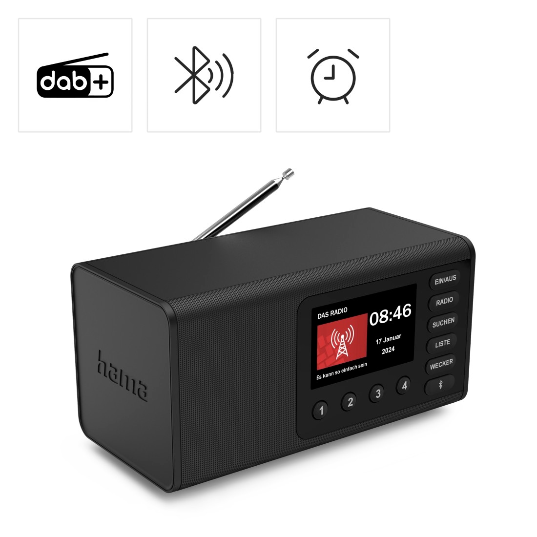 Hama Digitalradio (DAB+) »Digitalradio mit DAB+ FM Bluetooth und Wecker« ( Digitalradio (DAB+) 5 W) 4,3 Zoll TFT Display, große Tasten, Direktwahltasten