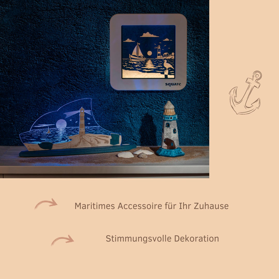 Weigla LED Dekolicht »Square Wandbild Maritim, Batterie & Timer, WEIẞ-BLAU«, 13 flammig, Leuchtmittel LED-Modul | LED fest integriert, Erzgebirge garantiert, maritime Deko Innen, Dekolampe