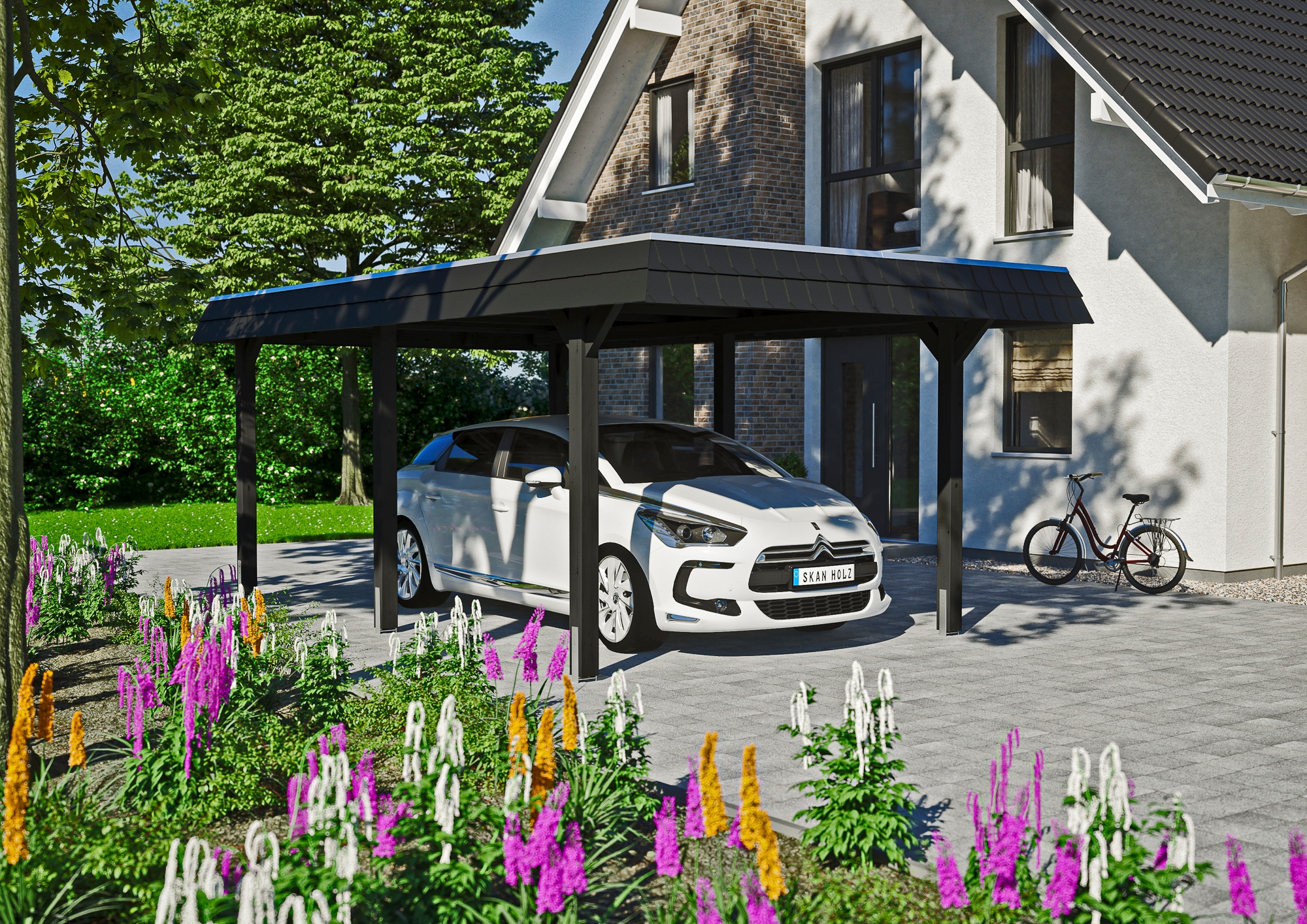 Skanholz Einzelcarport »Wendland«, Holz, 291 cm, Anthrazit, schwarze Blende
