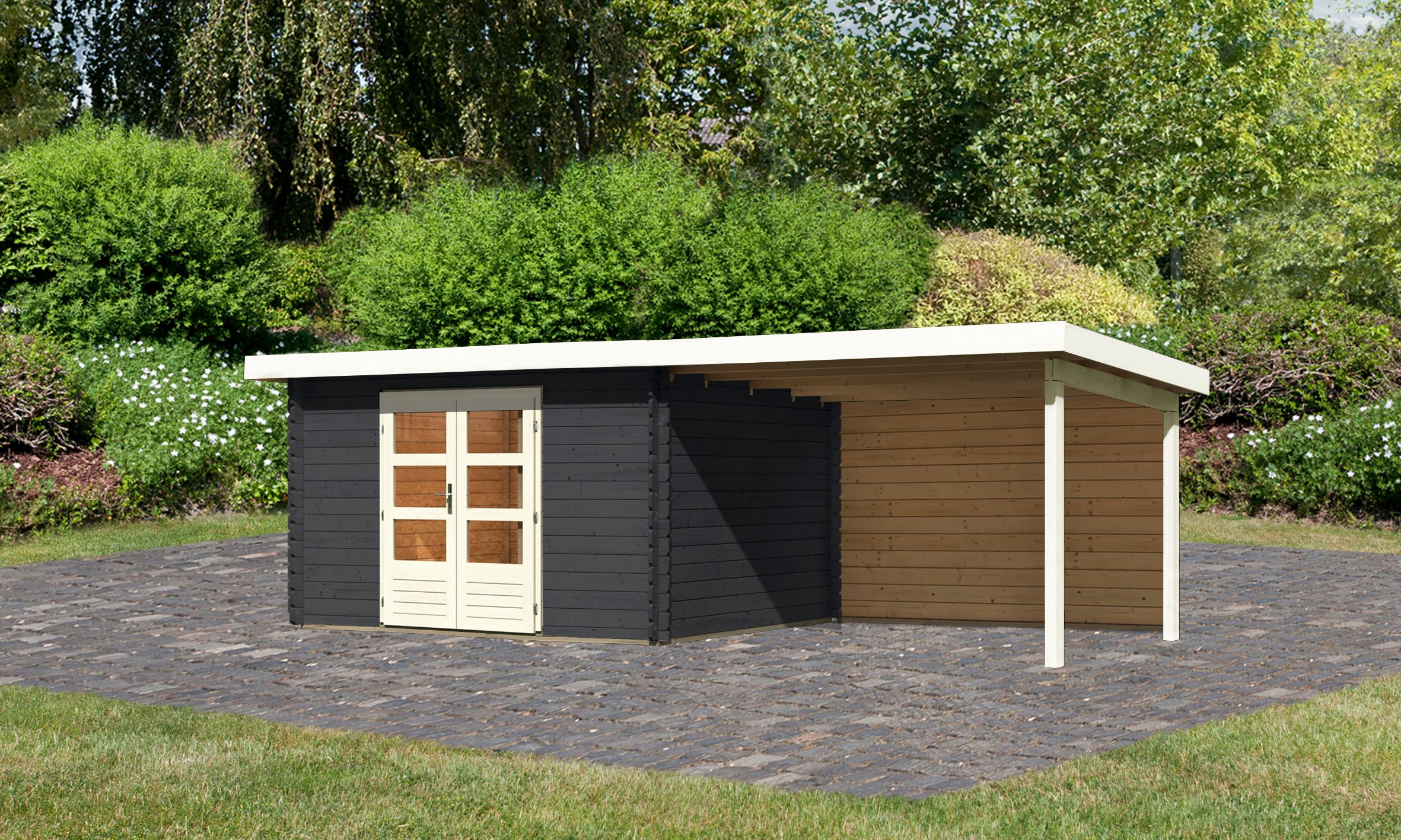 Karibu Gartenhaus »Schloßsee 7«, (Set), mit Anbaudach, Rückwand und Fußboden im Haus