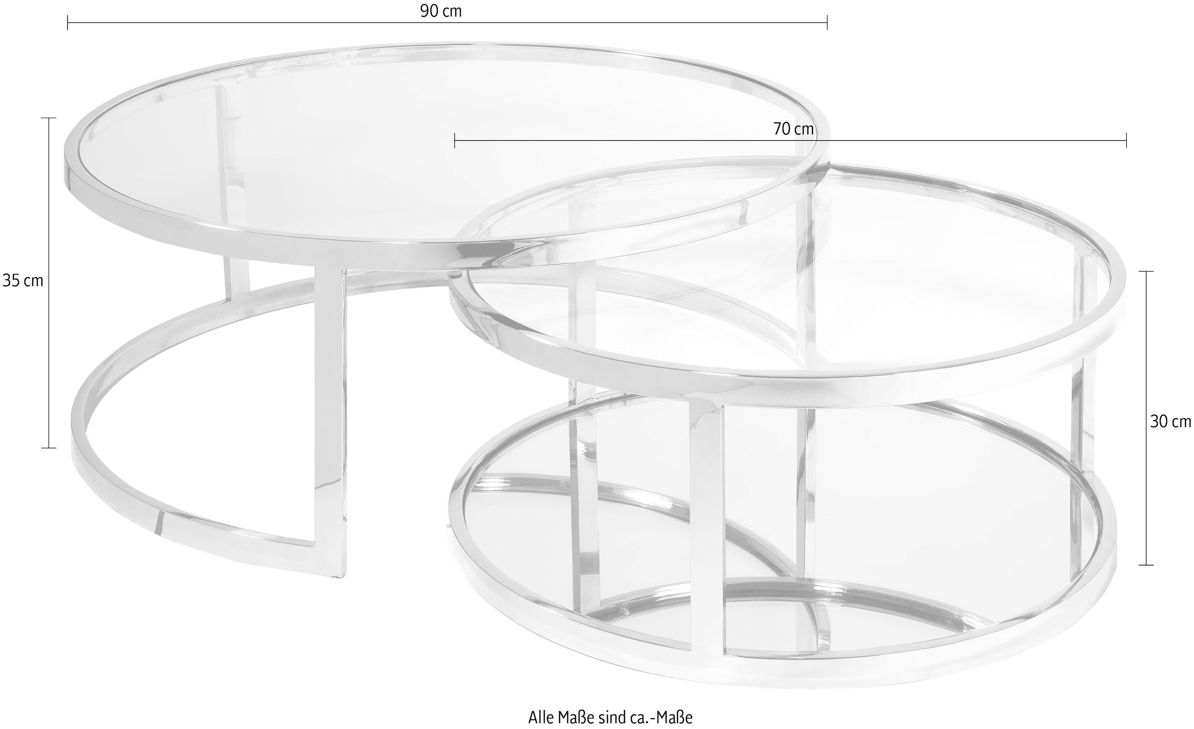 Leonique Couchtisch, Couchtisch, 2 rund, Glas, Chromgestell, Sicherheitsglas, 90x35, 70x30