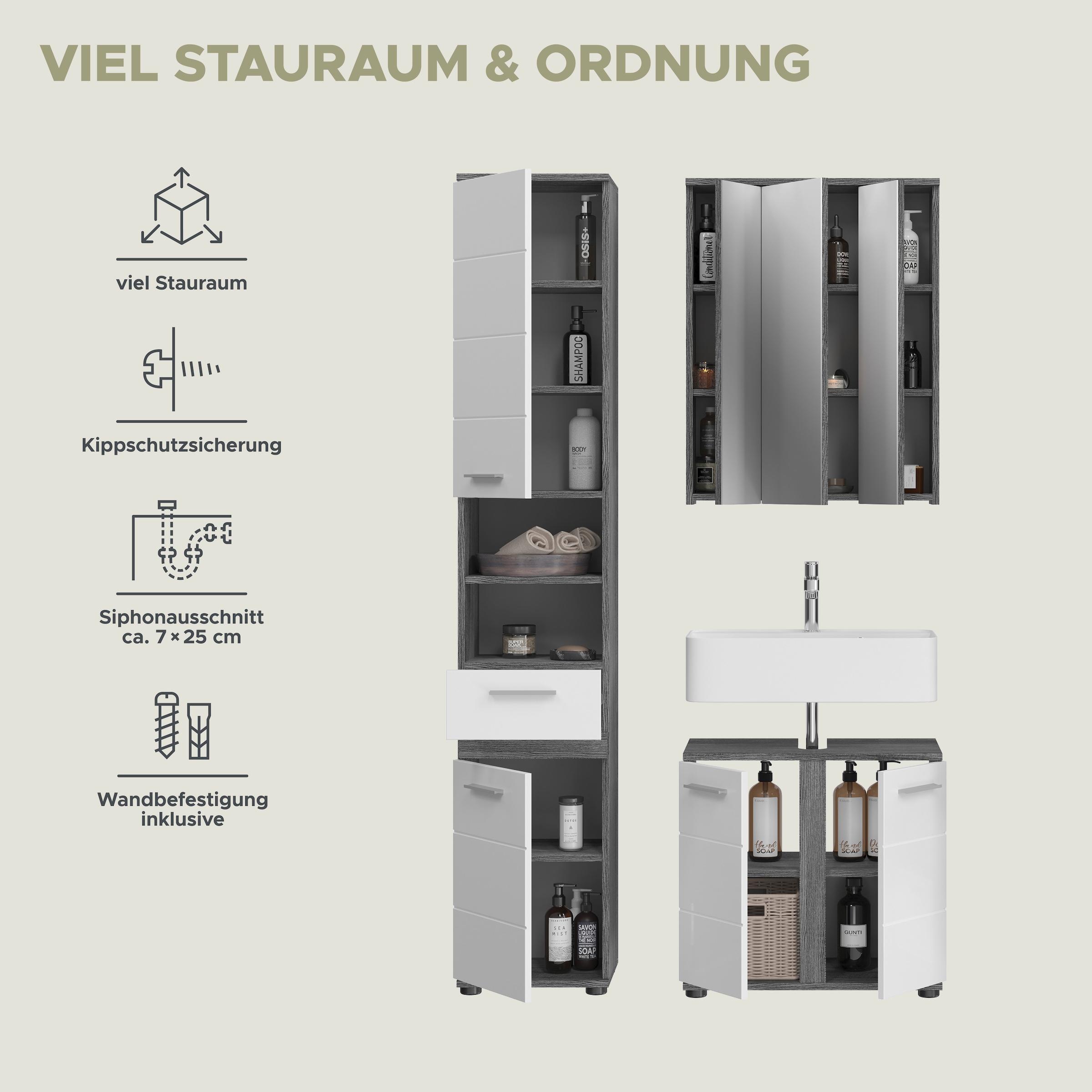 welltime Badmöbel-Set »LUCCA, 3 teilig,TOPSELLER!, MDF Hochglanzfront, bestehend aus:«, (Set, 3 St.), Hochschrank, Waschbeckenunterschrank, Spiegel