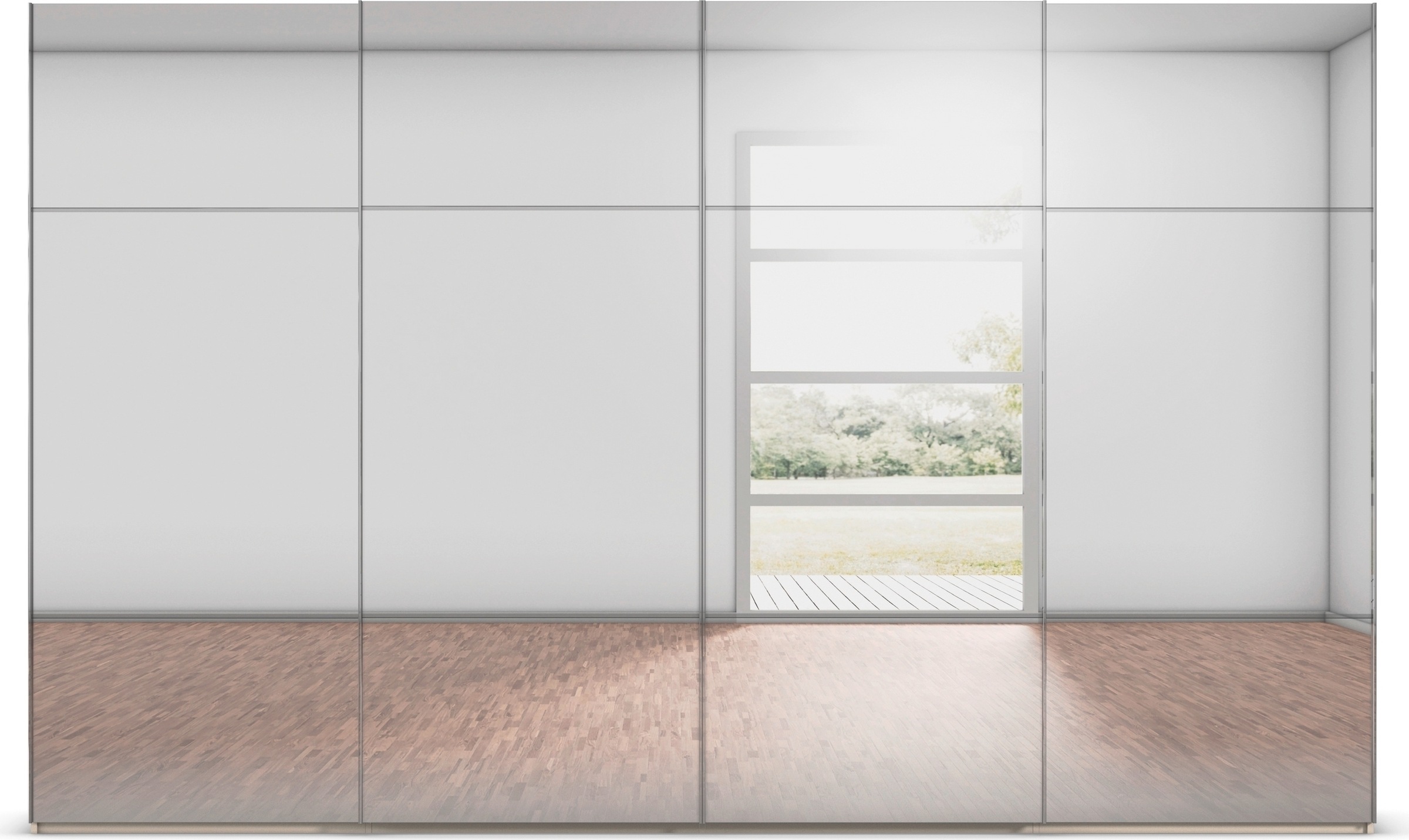 rauch Schwebetürenschrank »Kleiderschrank Schrank Garderobe Schlafzimmerschrank SCALE-TRIO«, edle dreigeteilte Front mit 2 Zierleisten Spiegelfront MADE IN GERMANY