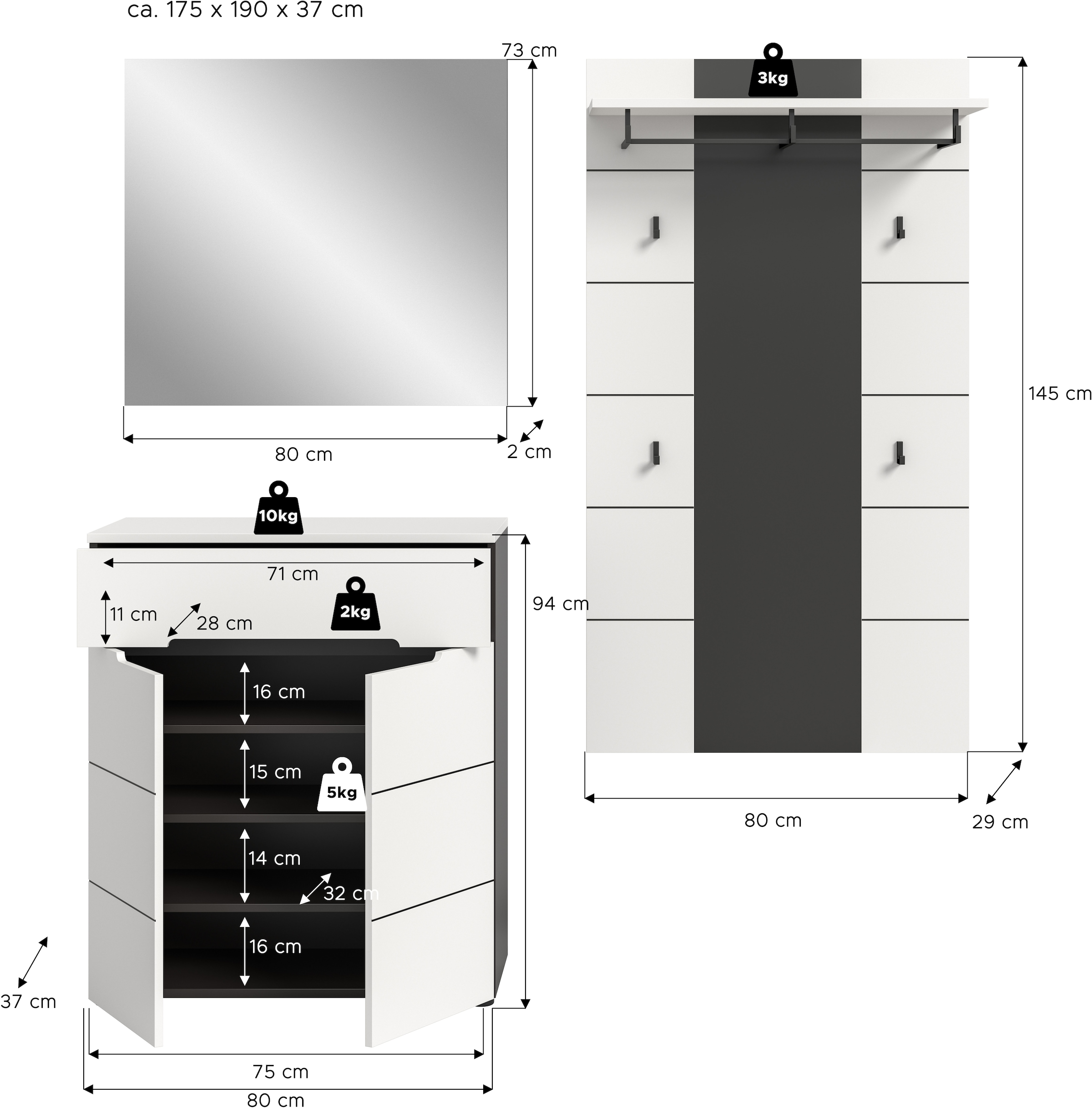 INOSIGN Garderoben-Set, (Set, 3 St., bestehend aus: Kommode, Spiegel und Garderobenpaneel), Garderobenkombination, Kombination, Set, Flurgarderobe, Diele