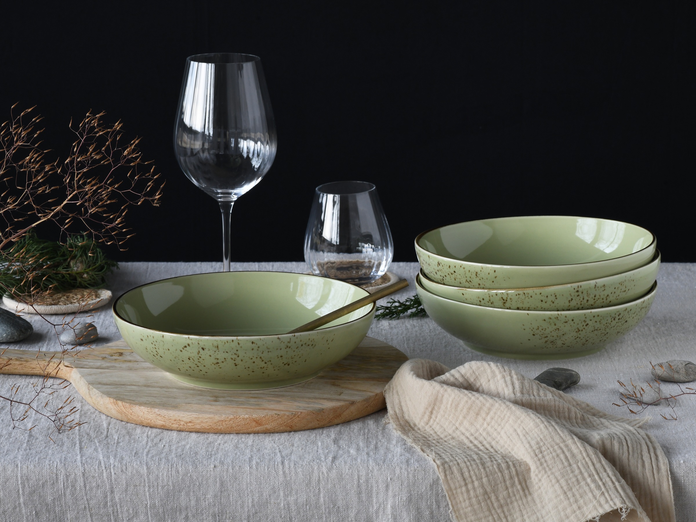 CreaTable Schale »Nature Collection, Poke Bowl, Ø 22,5 cm, 4-tlg«, 4 tlg., aus Steinzeug, Handwerklicher Look, Vintage, Höhe 5 cm