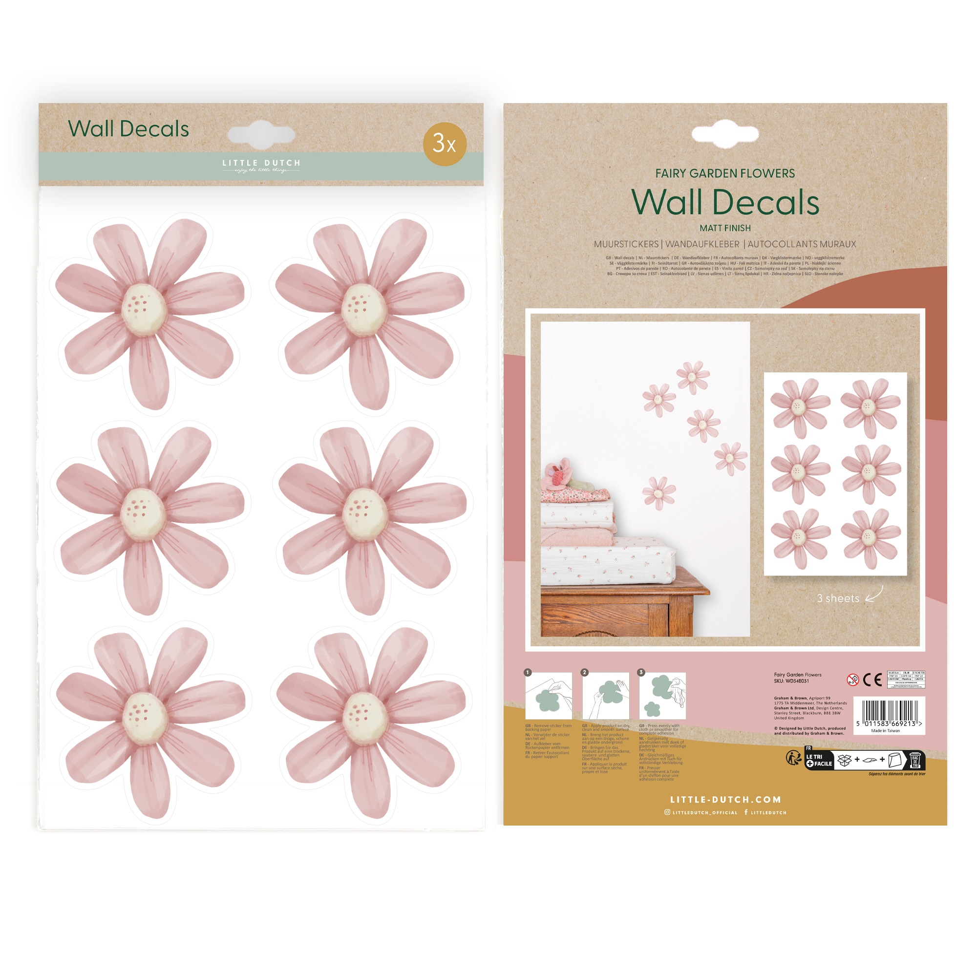 LITTLE DUTCH Wandtattoo »Wandsticker Set Fairy Garden Flowers A4 (3x St.)«, (Set, 3 St.), 3x A4-Format