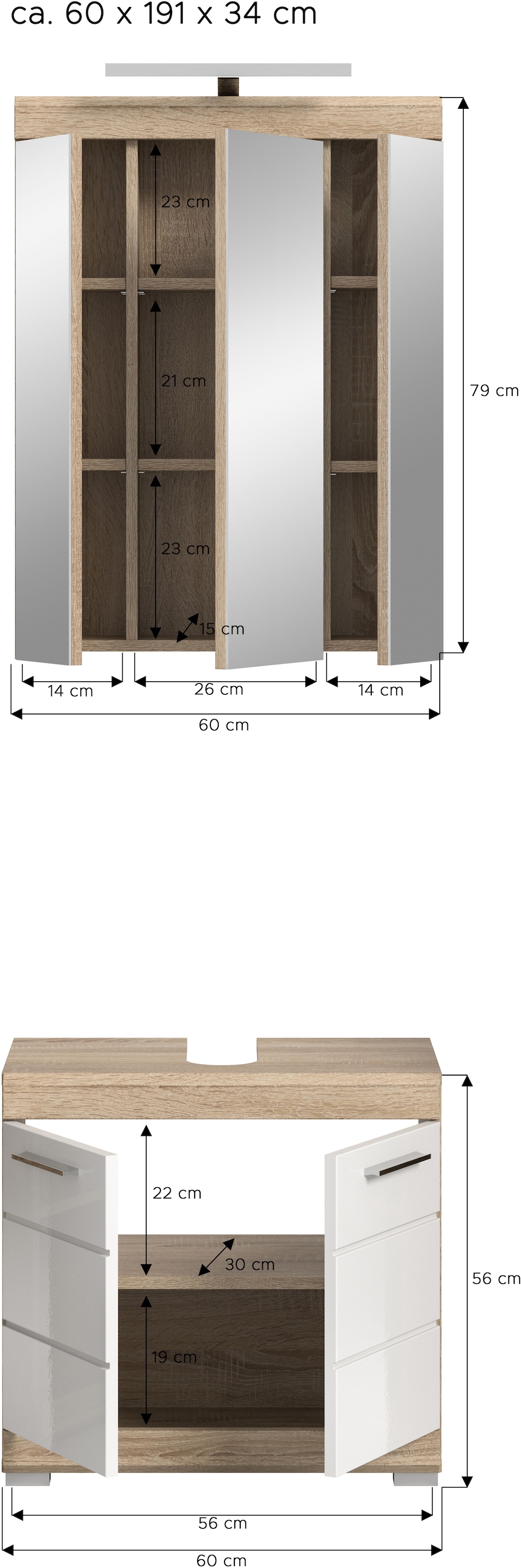 INOSIGN Badmöbel-Set »Siena, 2 teilig, inklusive LED Beleuchtung, bestehend aus:«, (Set), Waschbeckenunterschrank, Spiegelschrank, LED Badaufsatzleuchte