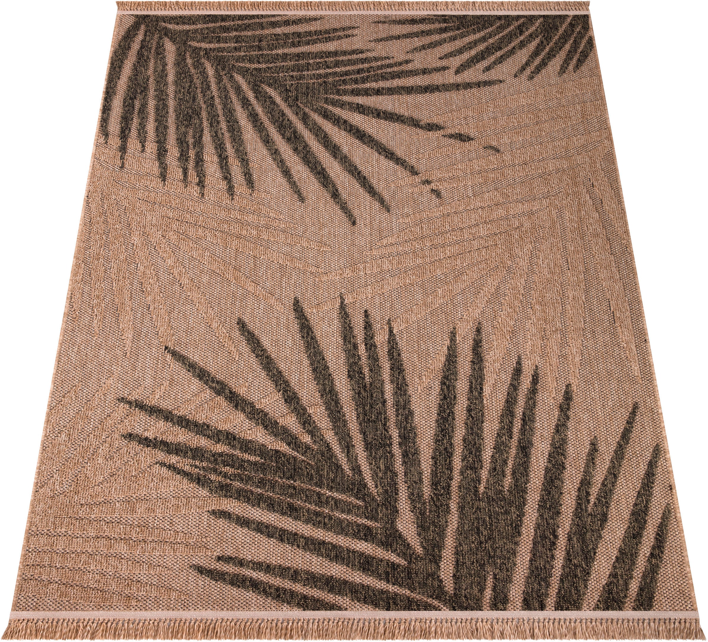Paco Home Teppich »Cologne 491«, rechteckig, 11 mm Höhe, Flachgewebe, Blätter, Hoch-Tief Effekt, mit Fransen, Outdoor geeignet