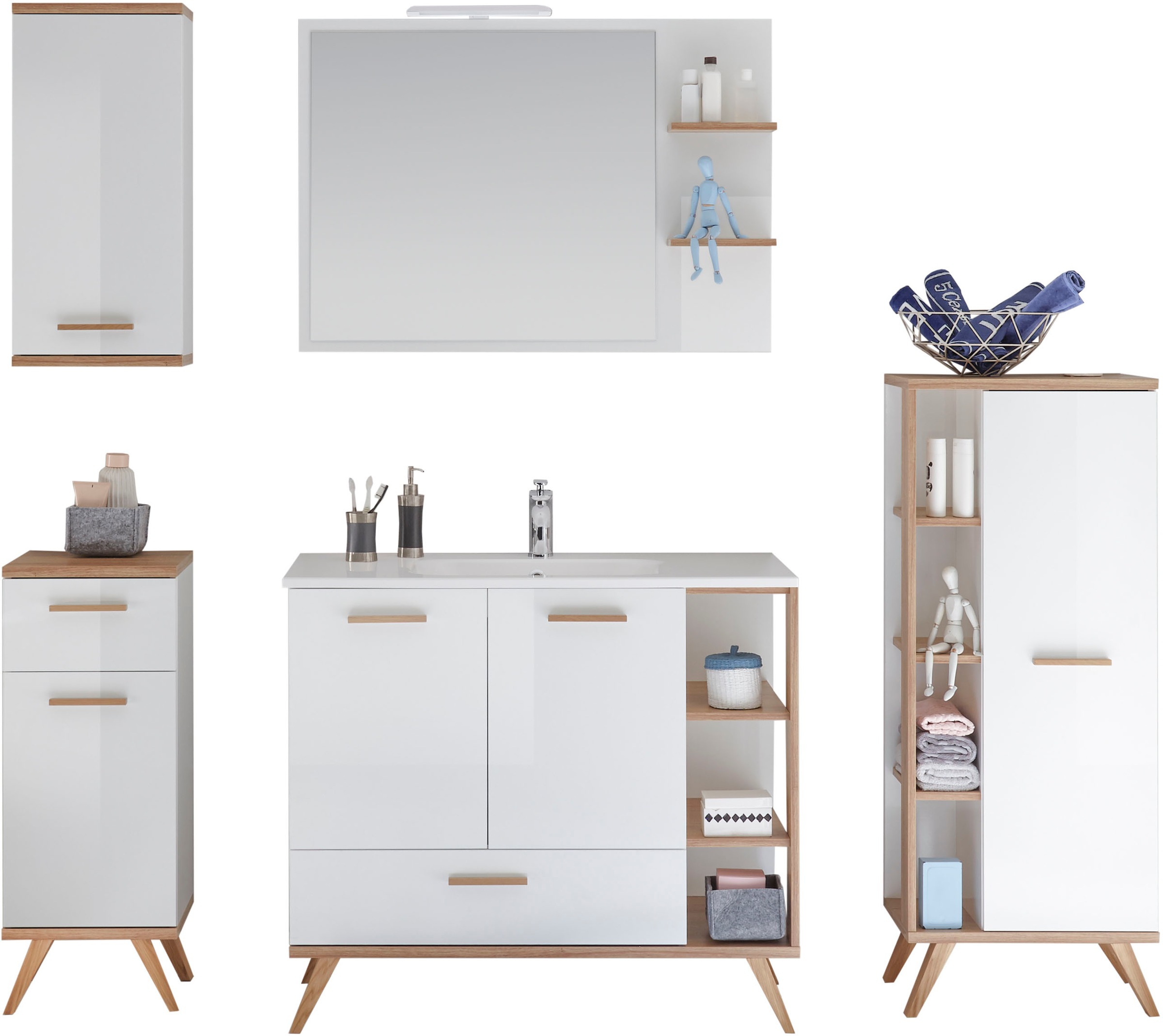 Saphir Badmöbel-Set »Quickset Mineralmarmor-Waschtisch mit LED-Spiegel, Unterschrank«, (7 St.), Hängeschrank, Midischrank, 5 Türen, 2 Schubladen, 7 Glas-Einlegeböden