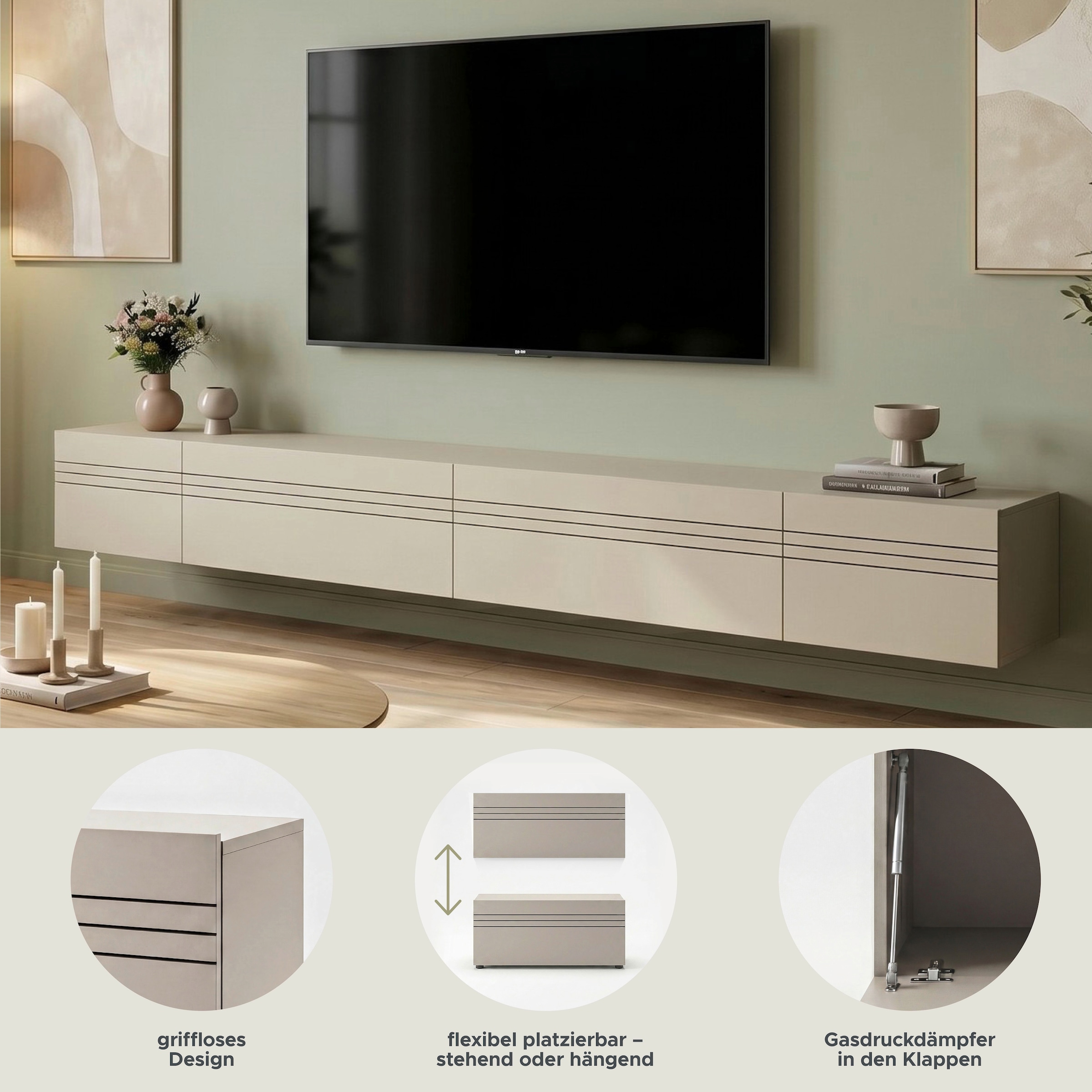 OTTO home Lowboard »SPIAGGIA, 4-teiliges Set, Breite 270cm, stehend & hängend montierbar« TV-Möbel, TV-Schrank, TV-Lowboard, Mediaboard