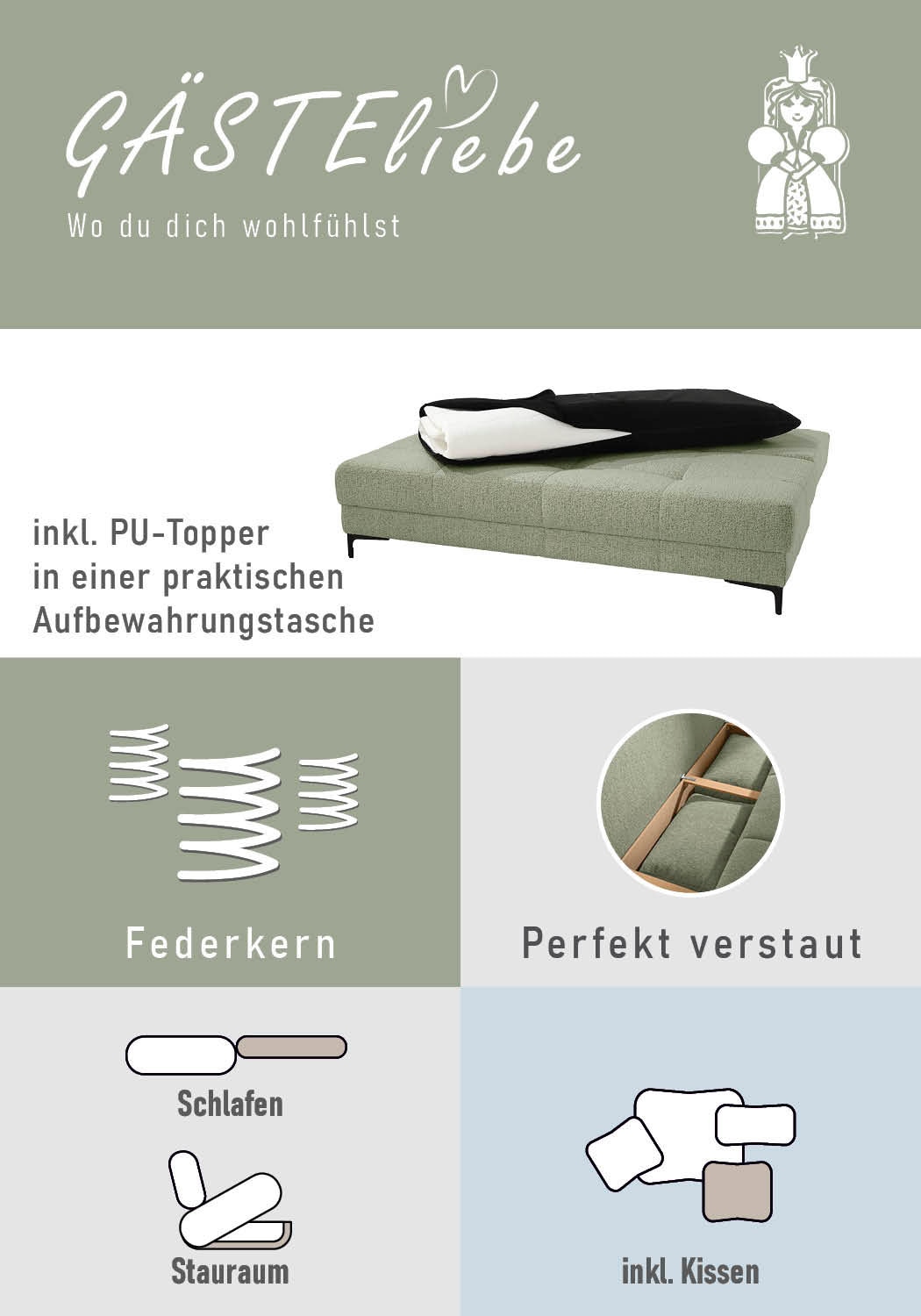 Jockenhöfer Gruppe Schlafsofa »Felix, B: 205 cm, Liegefl. 155x201 cm, Dauerschlafsofa, inkl. Topper« inklusive Bettfunktion und Bettkasten, Federkernpolsterung