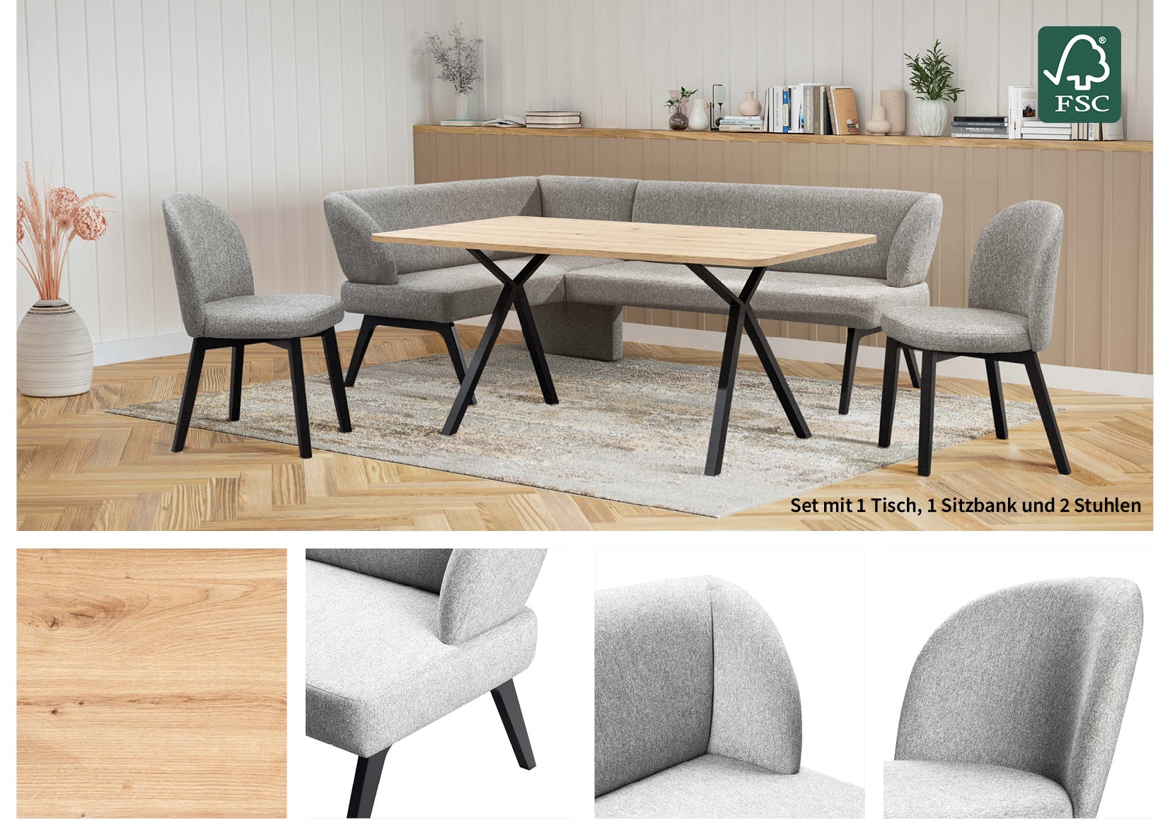 Home affaire Eckbankgruppe »Aretha Essecke, Sitzgruppe, Eckbank, Küchenbank«, (Set, 4 tlg., 4er), Esszimmer Sitzgruppe, Tisch, Stühle und Bank gepolstert, Nosagfederung