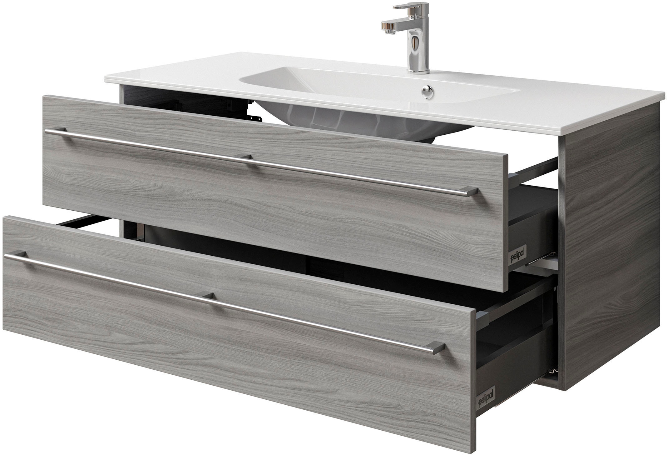 Saphir Badmöbel-Set »Serie 6025 2-teilig Mineralmarmor-Waschtisch mit LED-Spiegelschrank«, (2 St.), Waschplatz 117cm breit, 2 Schubladen, 3 Spiegel-Türen, inkl Türdämpfer