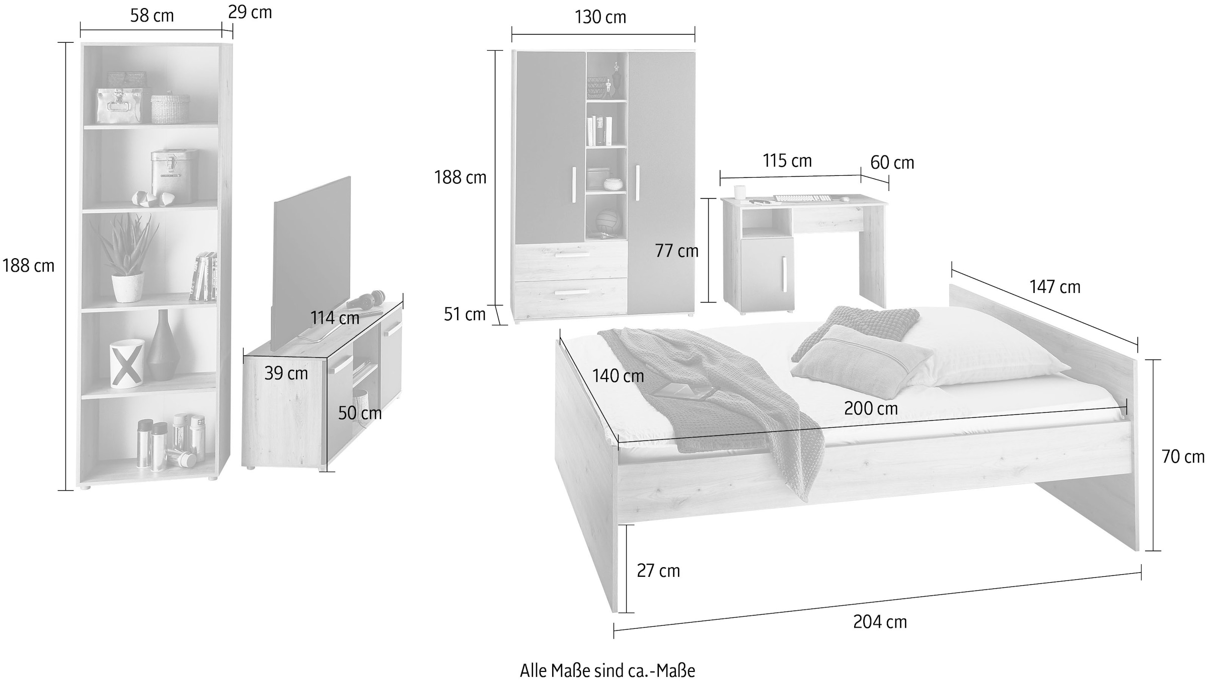 arthur berndt Jugendzimmer-Set »Alessio« Set, Bett, Kleiderschrank, Schreibtisch, Standregal und TV-Lowboard., 5 Stk. tlg. mit Melamin-Oberfläche