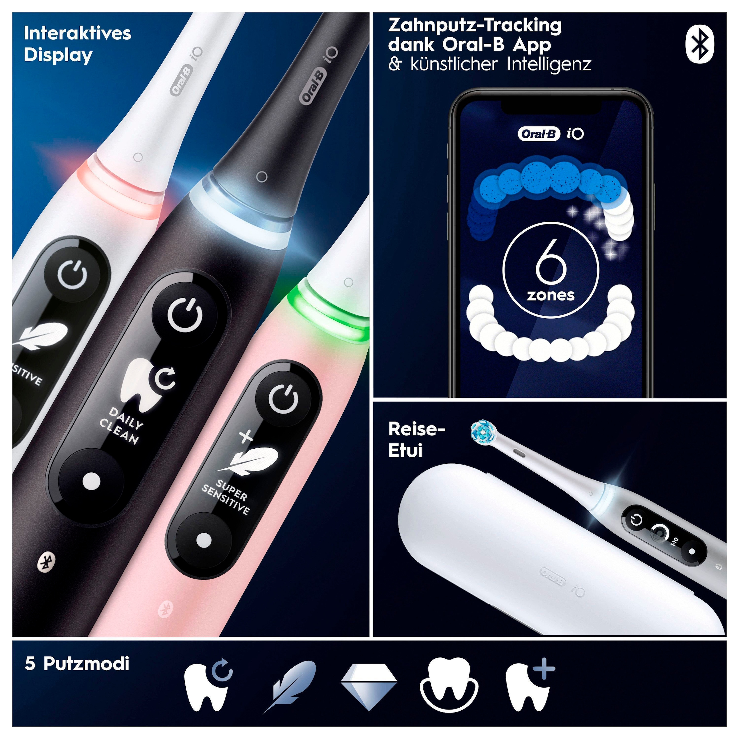 Oral-B Elektrische Zahnbürste »iO 6 Duopack«, 3 St. Aufsteckbürsten, mit Magnet-Technologie, Display, 5 Putzmodi