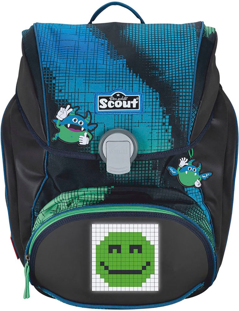 Scout Schulranzen »Alpha Movie Star, mit LED-Display, Blue Pixel«, Retroreflektierende Flächen-LED-Display-Reflektoren, mit Powerbank, enthält recyceltes Material