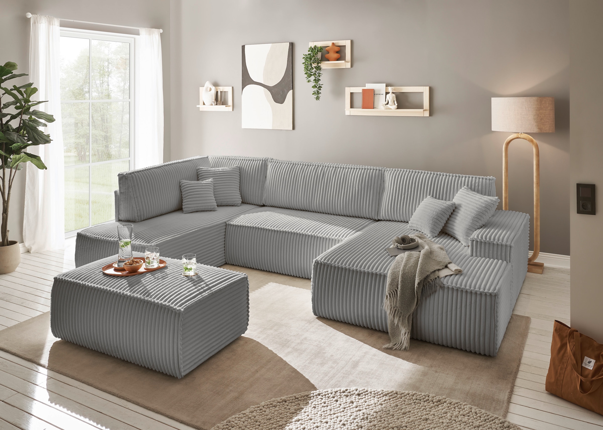 andas Wohnlandschaft »FINNLEY U-Form XXL 329 cm, Schlafsofa, Schlaffunktion m. Bettkasten«, (194/139 cm), Bouclé, Struktur und Cord