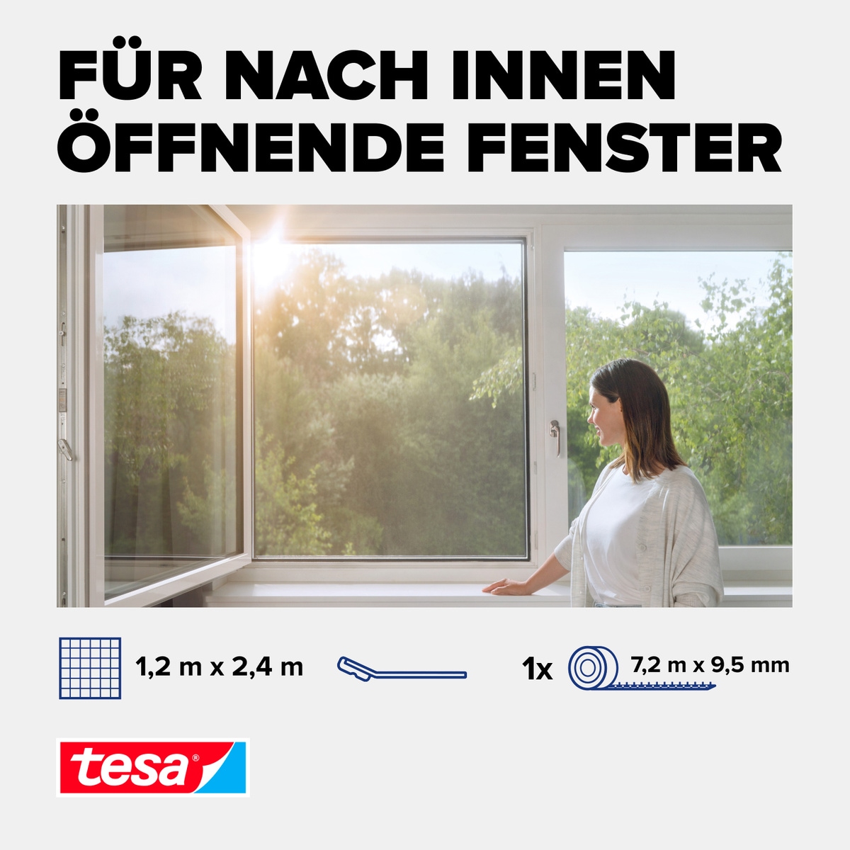 tesa Insektenschutz-Fensterrahmen »Pollenschutzgitter für Fenster - 1,2m x 2,4m« Packung, Fliegennetz, Klettband, 1 Stk. tlg. Pollenschutzgitter - ohne Bohren- zuschneidbar -anthrazit