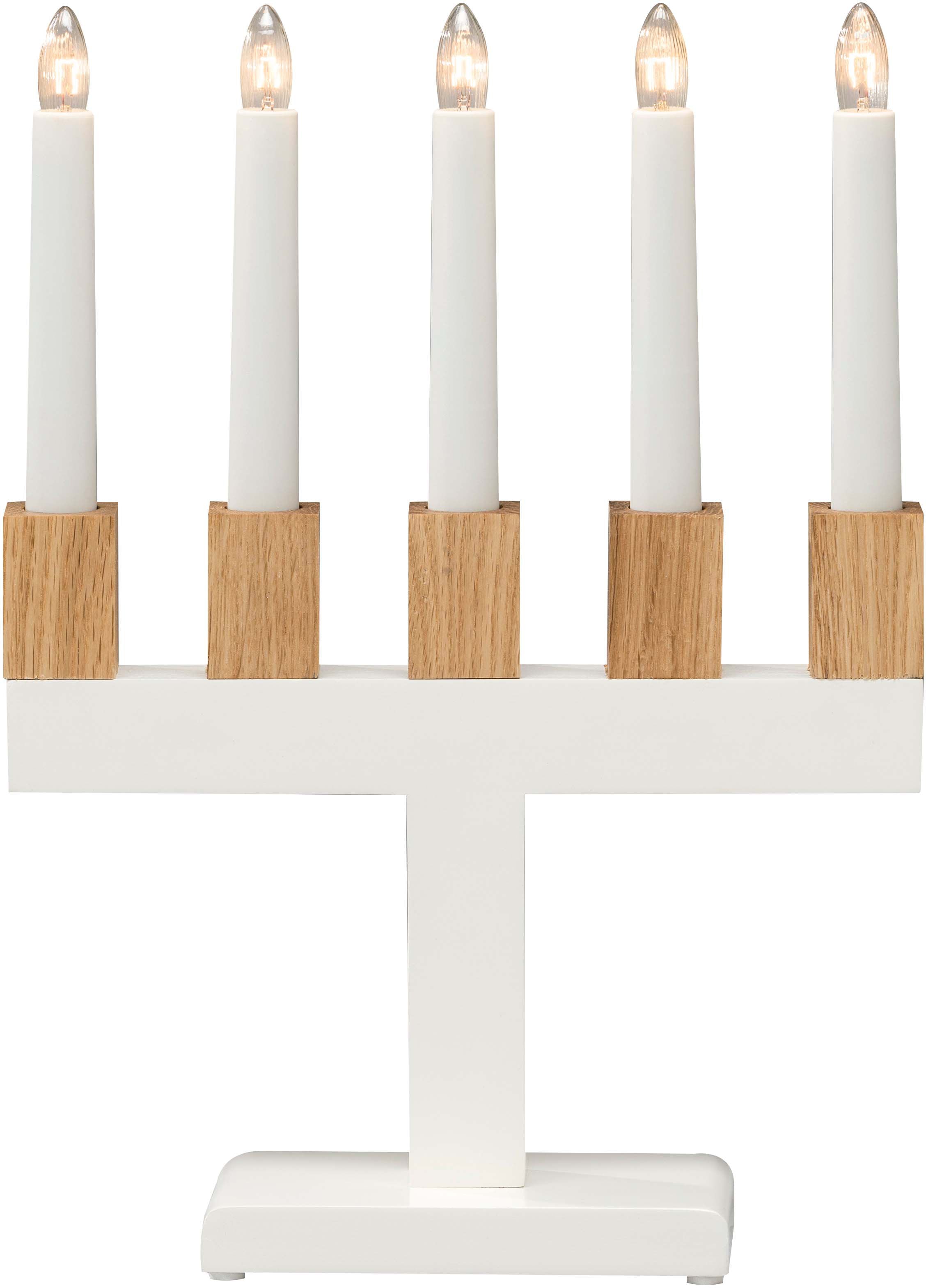 KONSTSMIDE Fensterleuchter »Holzleuchter«, weiß lackiert, mit eichefarbigen  Kerzenhaltern, 5 klare Birnen online kaufen